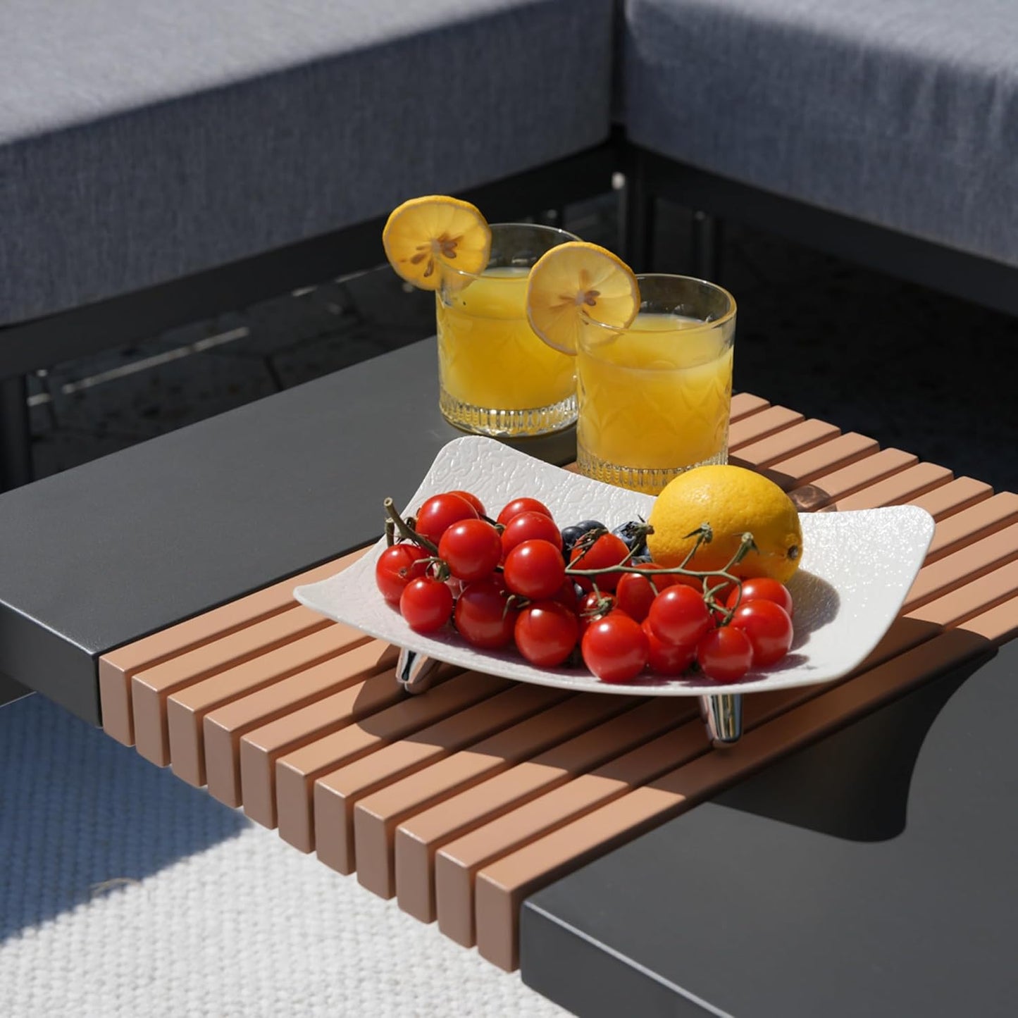 Sundale Outdoor Modern Metal Outdoor Coffee Table with Slatted Wood-Look Tabletop Design, Weather-Resistant Patio Side Table for Garden, Balcony, Poolside(Grey)