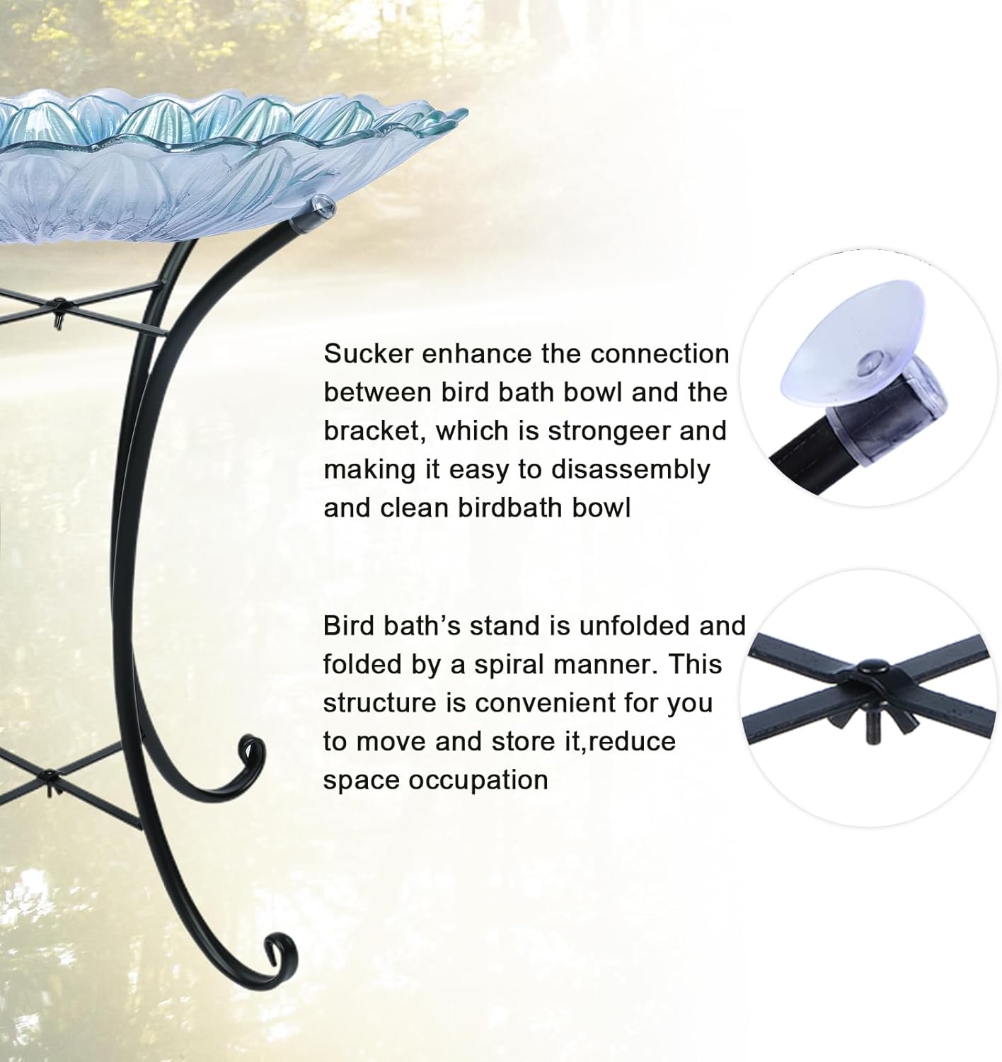 MUMTOP Outdoor Glass Birdbath with Metal Stand for Outside Yard Garden Decor, 18 inch Diameter Blue Bird Baths Bowl for Outdoors, 21 inch Height