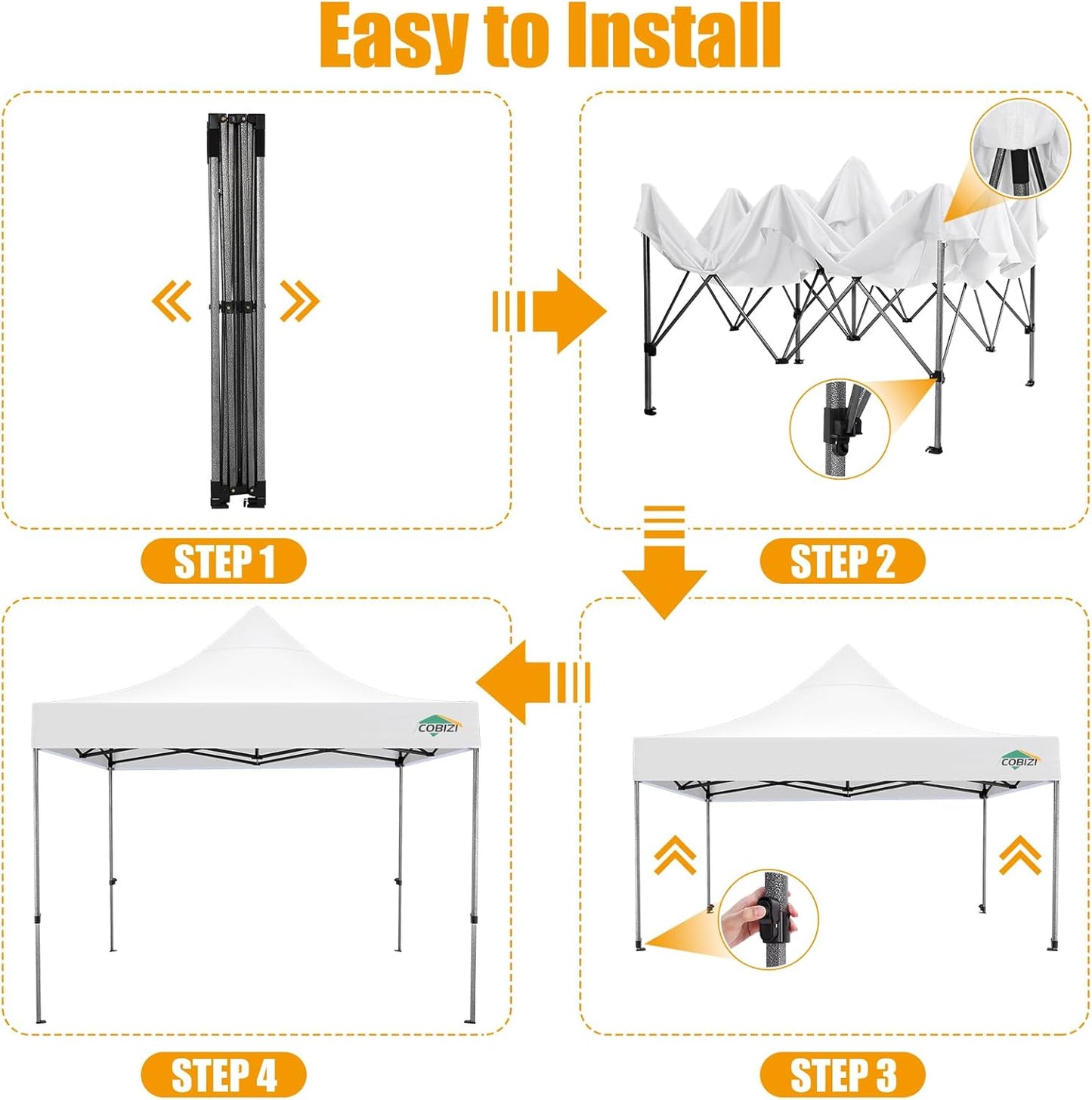 COBIZI 10x10 Pop Up Canopy Without Sidewall,Heavy Duty Canopy UPF 50+ All Season Wind Waterproof Commercial Outdoor Wedding Party Tents for Parties Canopy Gazebo with Carry Bag(10 x 10 ft White)