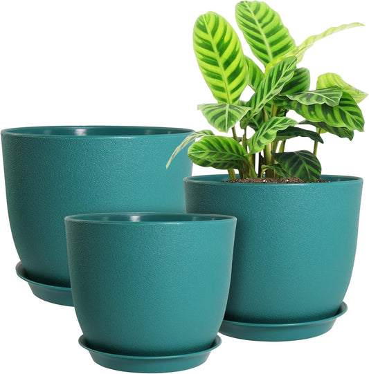 Modern Plant Pots Set, 9/8/7.5 inch Plastic Planters for Indoor Plants, Stylish Flower Pots with Drainage Holes and Saucers for House Plants and Flowers, Blue