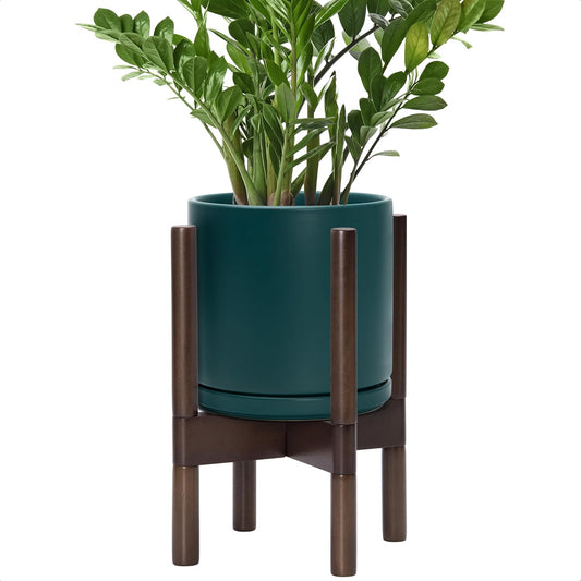 D'vine Dev Ceramic Planter with Walnut Color Stand - 8 Inch Modern Round Flower Pot with Wood Planter Holder, Teal, 55-B-Y-4