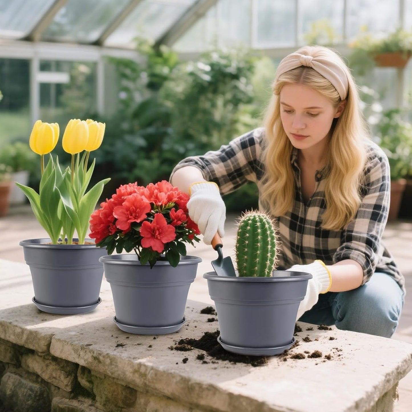 16-inch-Plant-Pots, 4 Pack Large Planters for Outdoor Plants, Plastic Flower Pots Indoor with Drainage Holes & Trays, Classic Garden Pot Container for House