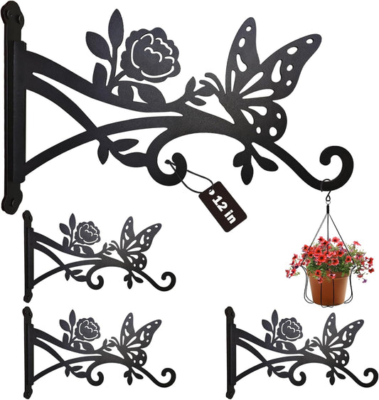 4 Pack Plant Hanger Hook,12in Heavy Duty Hanging Basket Hooks, Metal Plant Wall Hanger with Butterfly Pattern,Plant Bracket for Outdoor or Indoor Hanging Plants,Bird Feeder,Lantern,Home Decor
