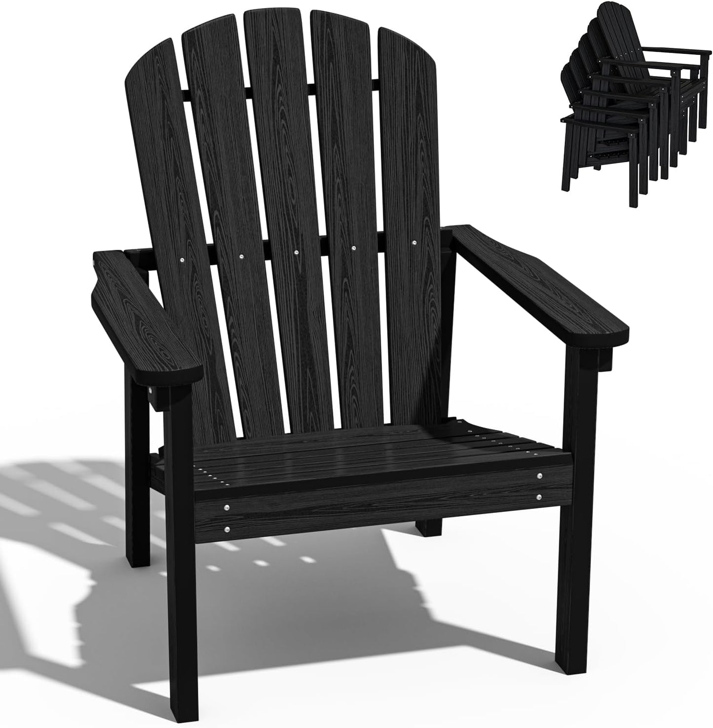 Stackable Adirondack Chair, HDPE Outdoor Patio Chair - Durable and Space Saving, Suitable for Porches, Lawns or Garden, Black