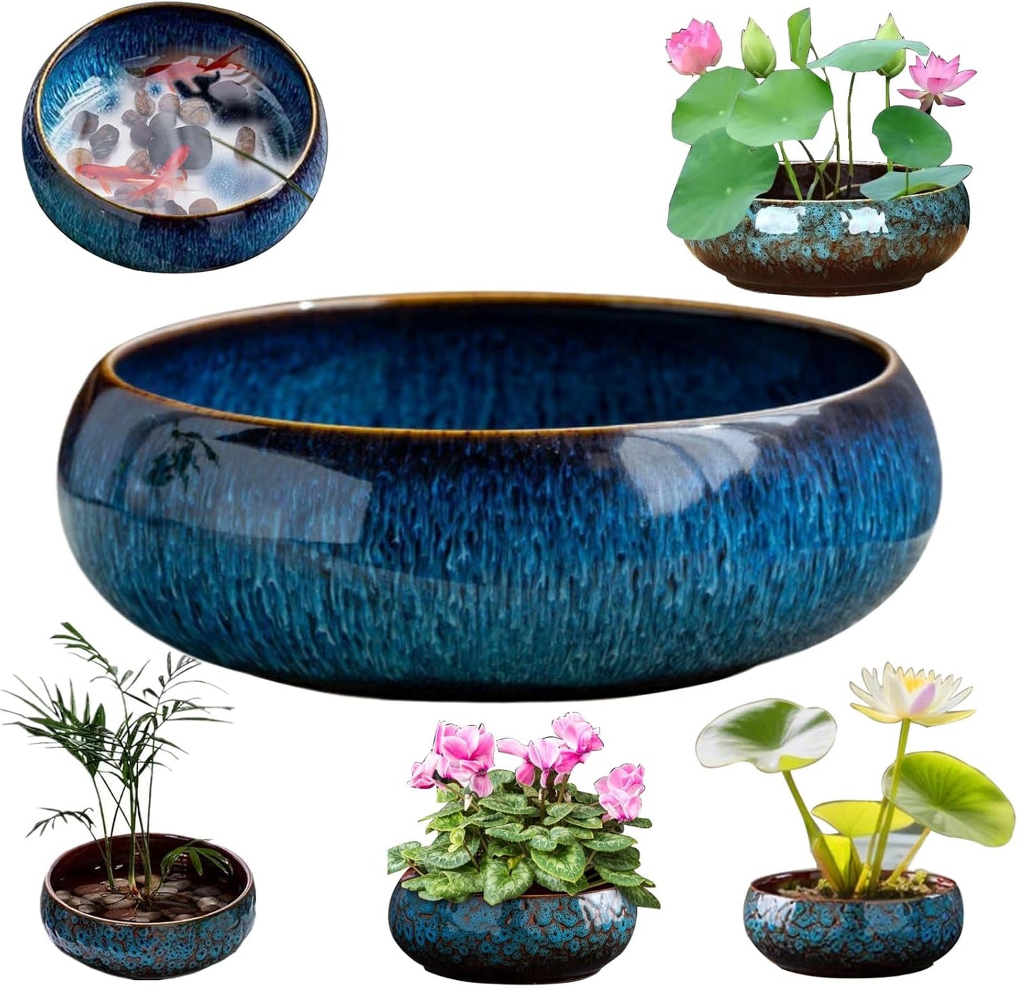 Lotus Bowl Planter, Lotus Bowls for Planting in Water Indoors, Ceramic Planters for Indoor Plants, Thickened Round Planter, for Succulent Plants Leak-Proof Design (Blue)