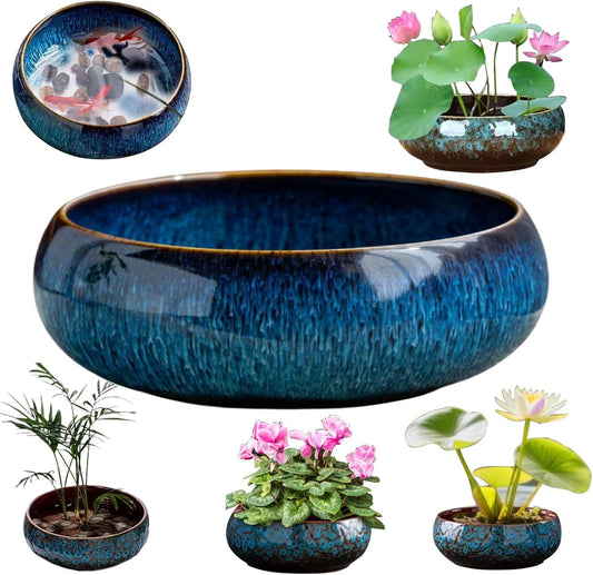 Lotus Bowl Planter, Lotus Bowls for Planting in Water Indoors, Ceramic Planters for Indoor Plants, Thickened Round Planter, for Succulent Plants Leak-Proof Design (Blue)
