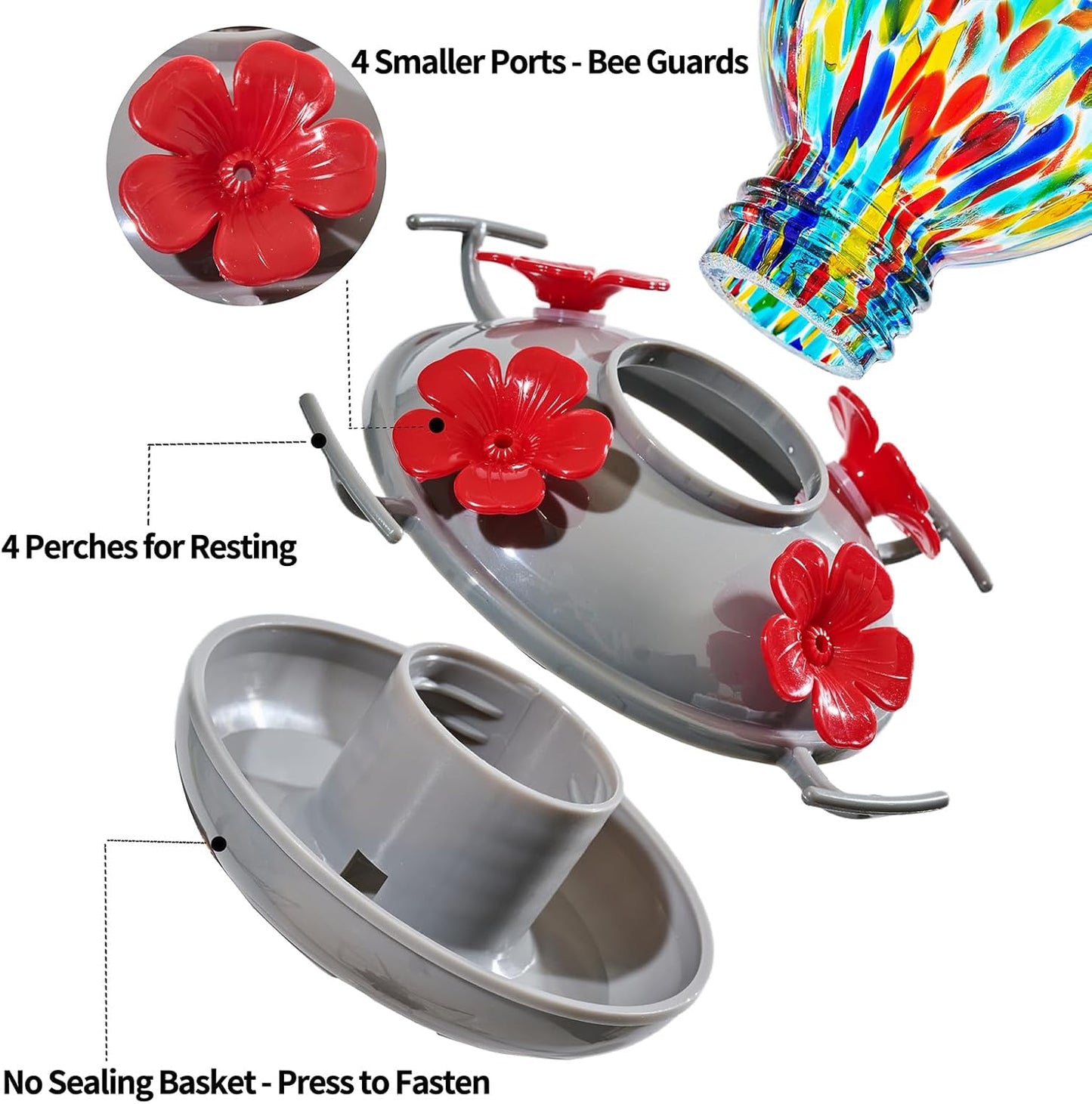 Muse Garden Hand Blown Glass Hummingbird Feeder - 19OZ Plastic Base Humming Bird Feeders for Outdoors Hanging, Garden Decor Gifts for Bird Lovers, Blue Polka Dots