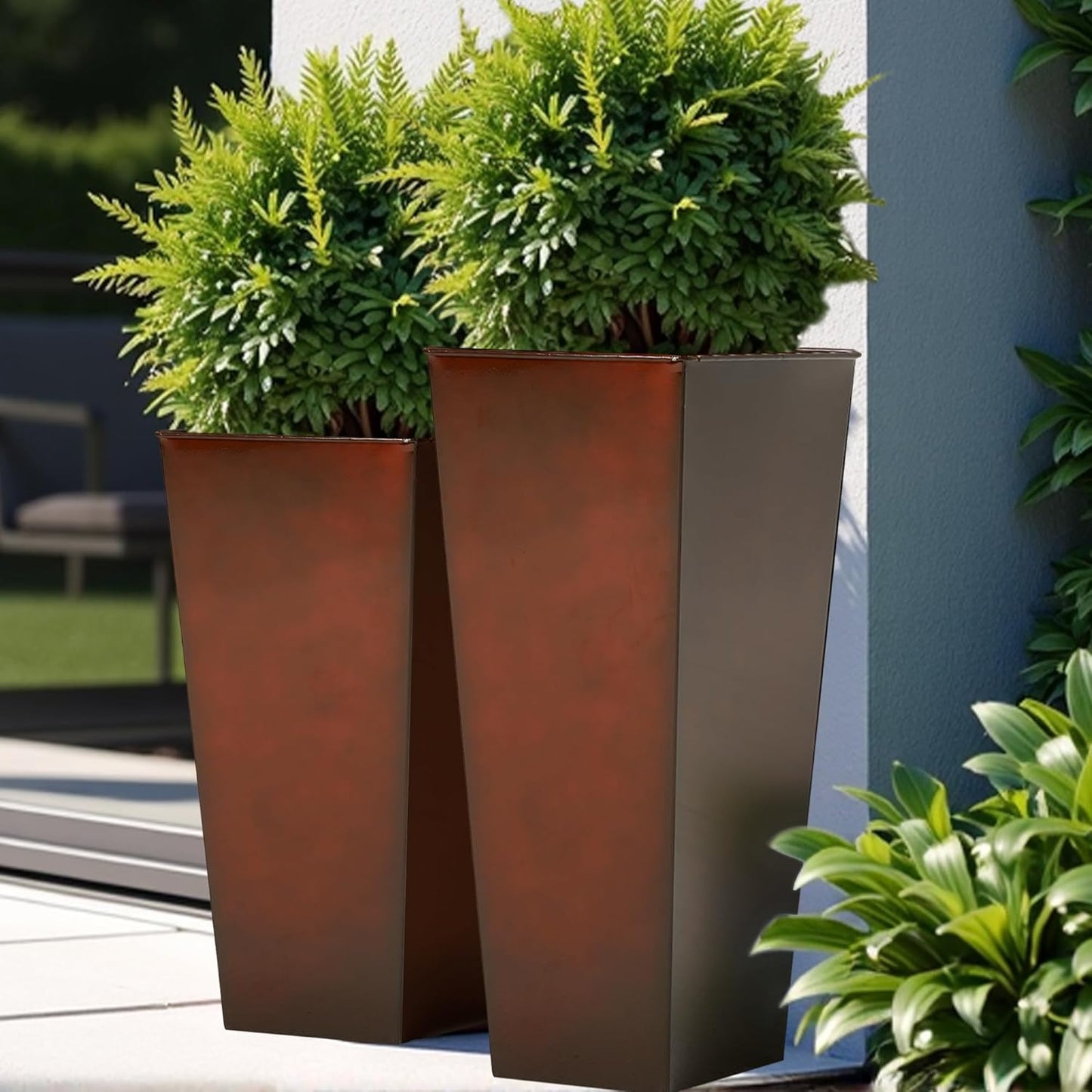 Worth Garden Large Metal Glazed Planter Set of 2 (25" + 28"), Luxurious Glossy Finish Red Tall Square Tapered Steel Plant Pot, Decor Flower Pot Indoor & Outdoor, Drainage Hole & Dual-Purpose Saucer