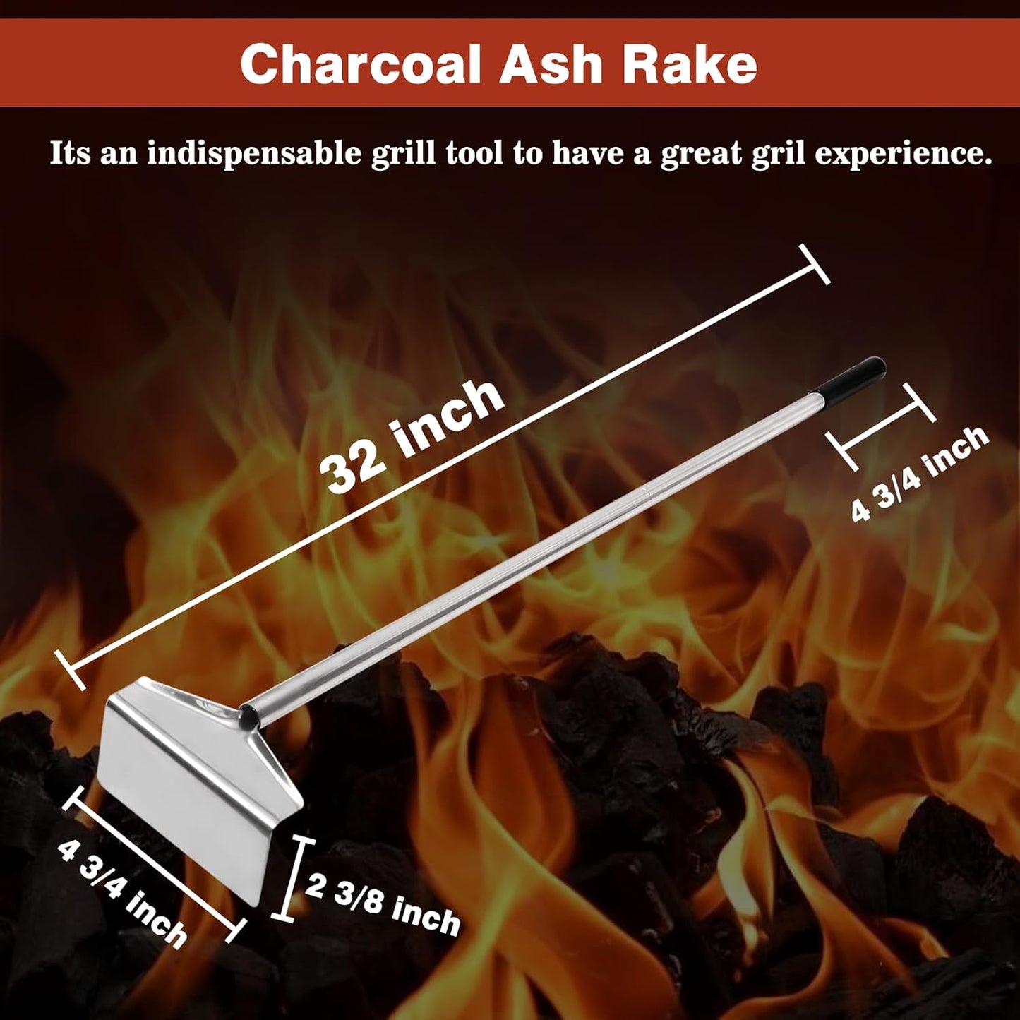 Coal Rake Grill Ash Tool, BBQ Charcoal Stainless Steel Rake for Pizza Oven - 32 Inches