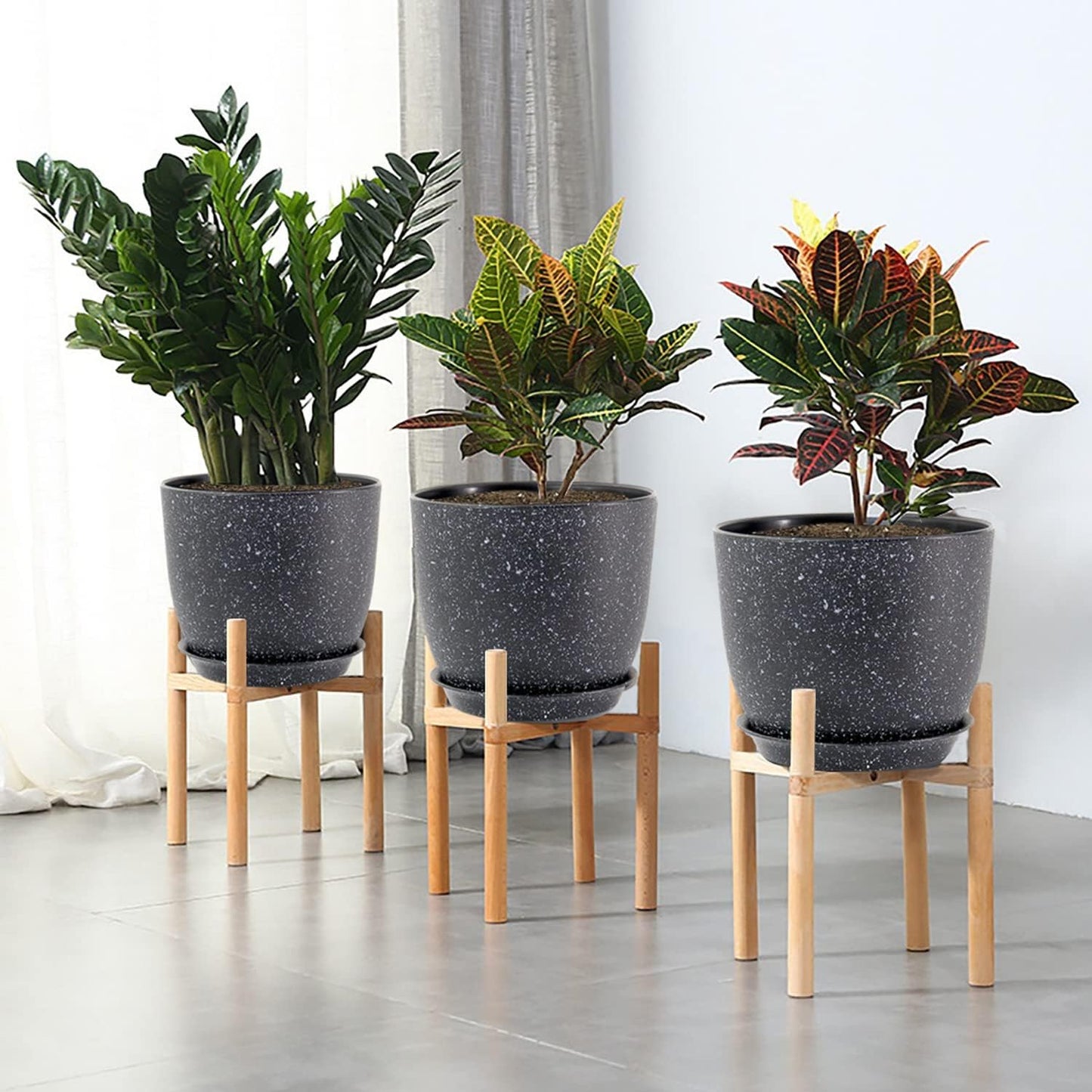 Modern Plant Pots Set, 9/8/7.5 inch Plastic Planters for Indoor Plants, Stylish Flower Pots with Drainage Holes and Saucers for House Plants and Flowers, Black Speckles