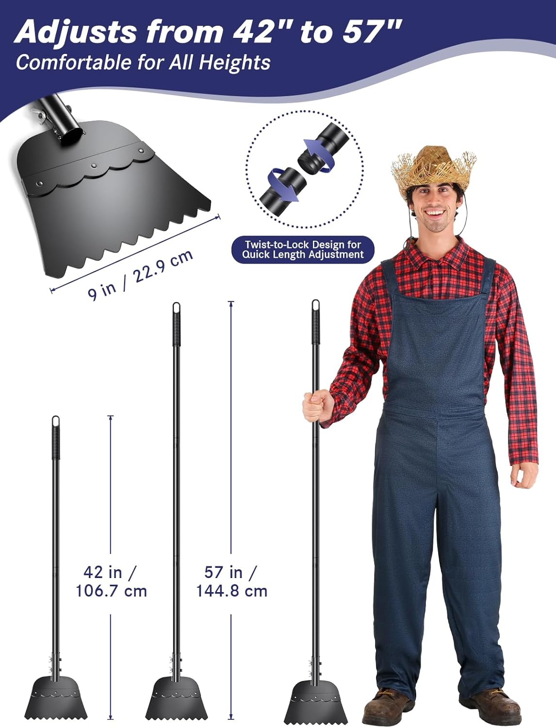 Wavy Blade Ice Scraper with Long Handle 57" Adjustable Snow Shovel Ice Chopper Weed Remover Tool for Gardening Driveway Floor Scraper & Root Cutter Digging Shovel Multifunctional Cleaning Garden Tool