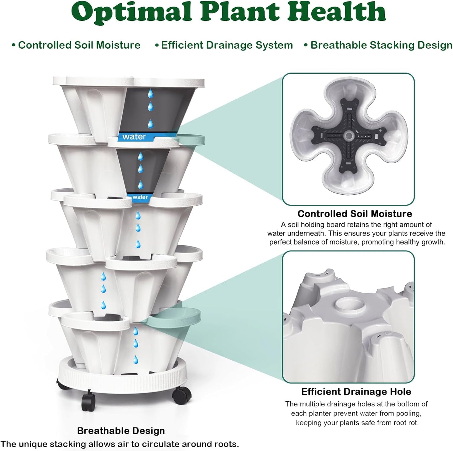 Strawberry Planters, 7 Tiered Vertical Stackable Planter, Herb Stacking Tower Garden, Flower and Vegetable Planters with Support Pole Indoor and Outdoor with Removable Wheels - White