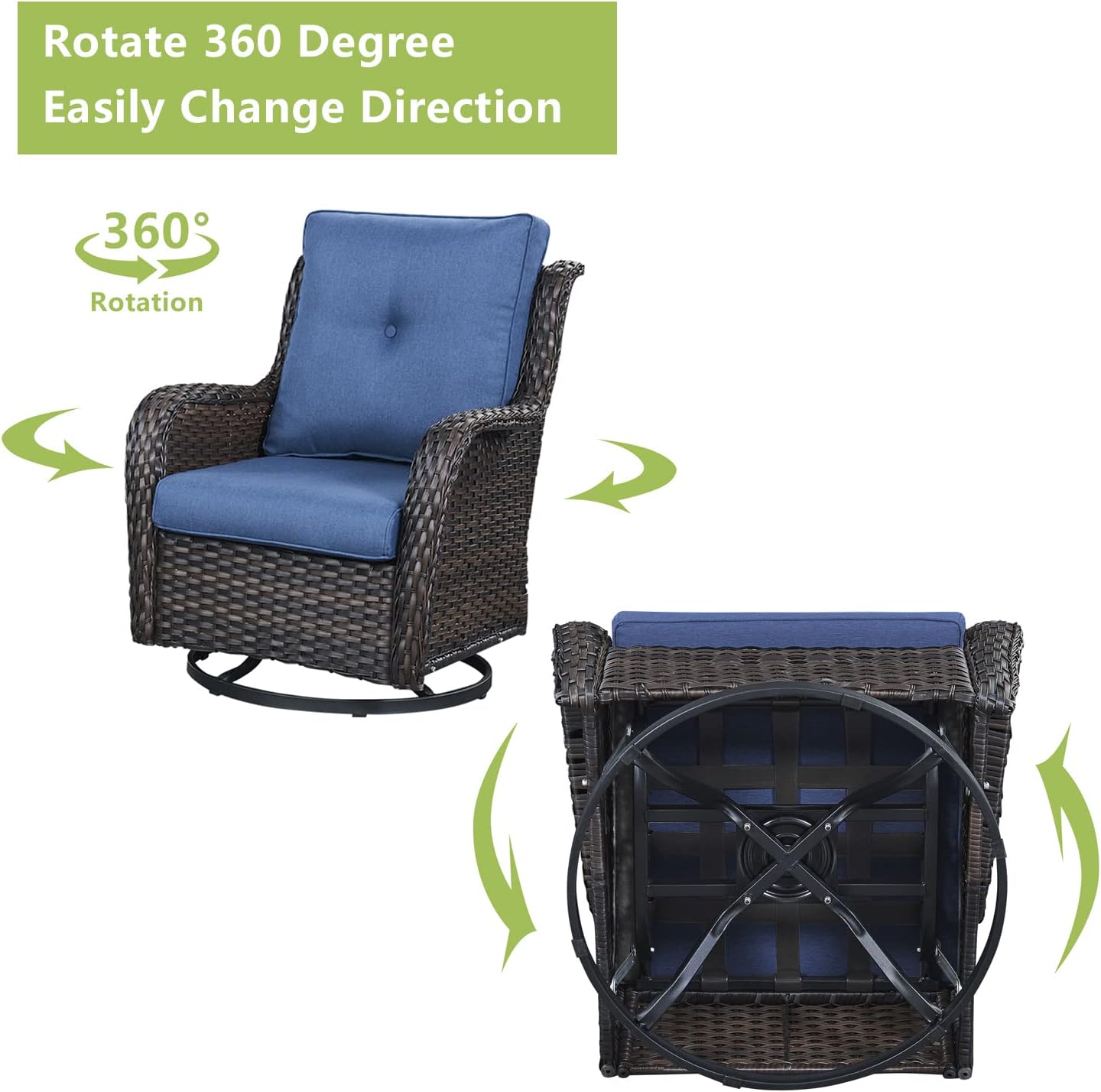 Outdoor Wicker Patio Furniture Set - 5 Piece Rattan Patio Conversation Set with 2 Rocking Swivel Chairs,2 Ottomans and 1 Loveseat for Porch Deck Backyard Garden(Brown/Blue)