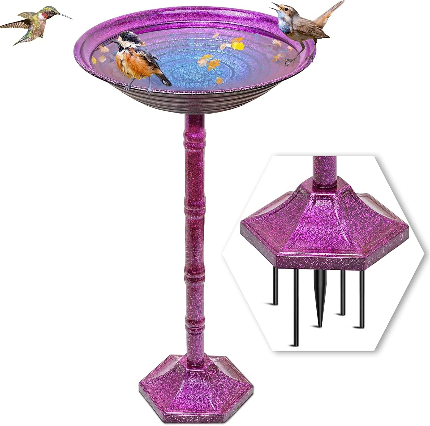Metal Bird Bath for Outdoors, 28.4" Freestanding Garden Metal Birdbaths with Stable Upgrades Stake, Easy to Clean Birdfeeder for Outside Garden Yard Lawn Decor(Gradient Purple)