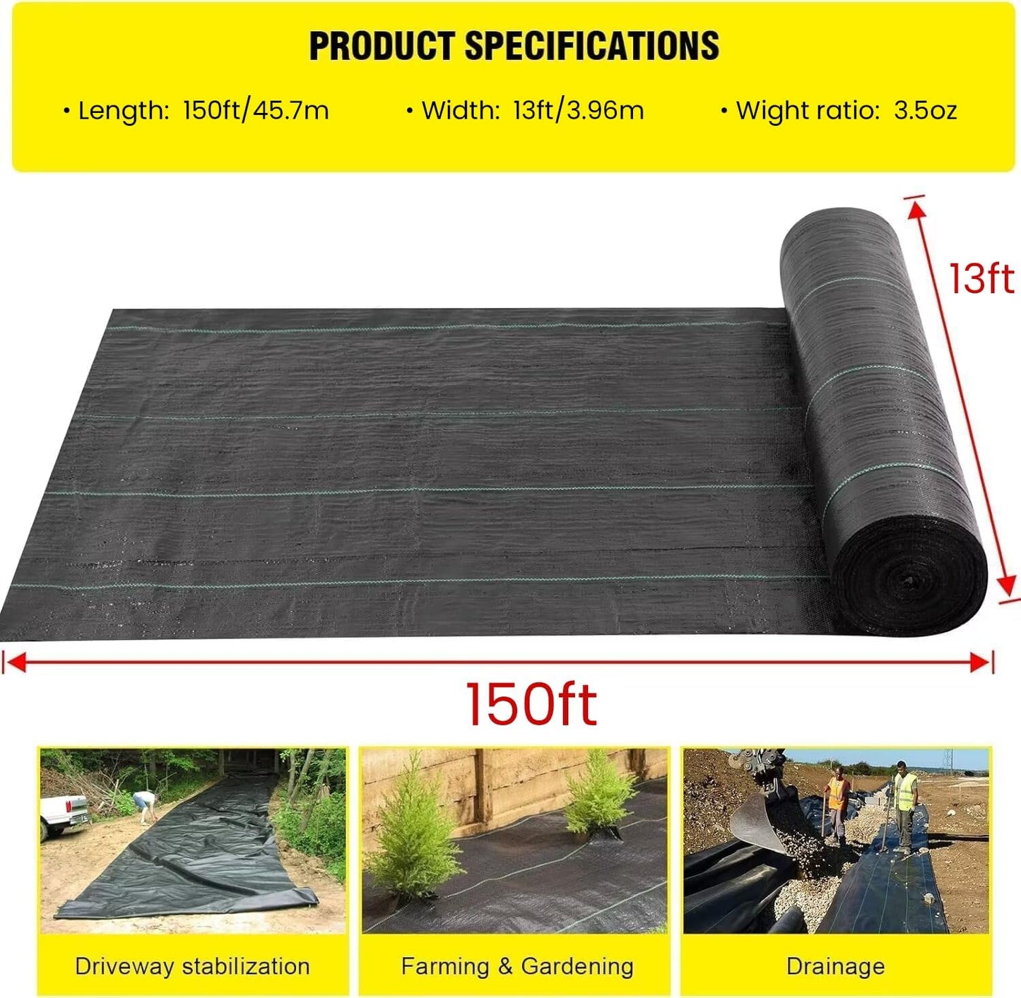 Doniks 13x150ft Driveway Fabric,3.5OZ Commercial Heavy Duty Weed Barrier, Garden Landscape Fabric, for Erosion Control,Weed Barrier,Construction Projects