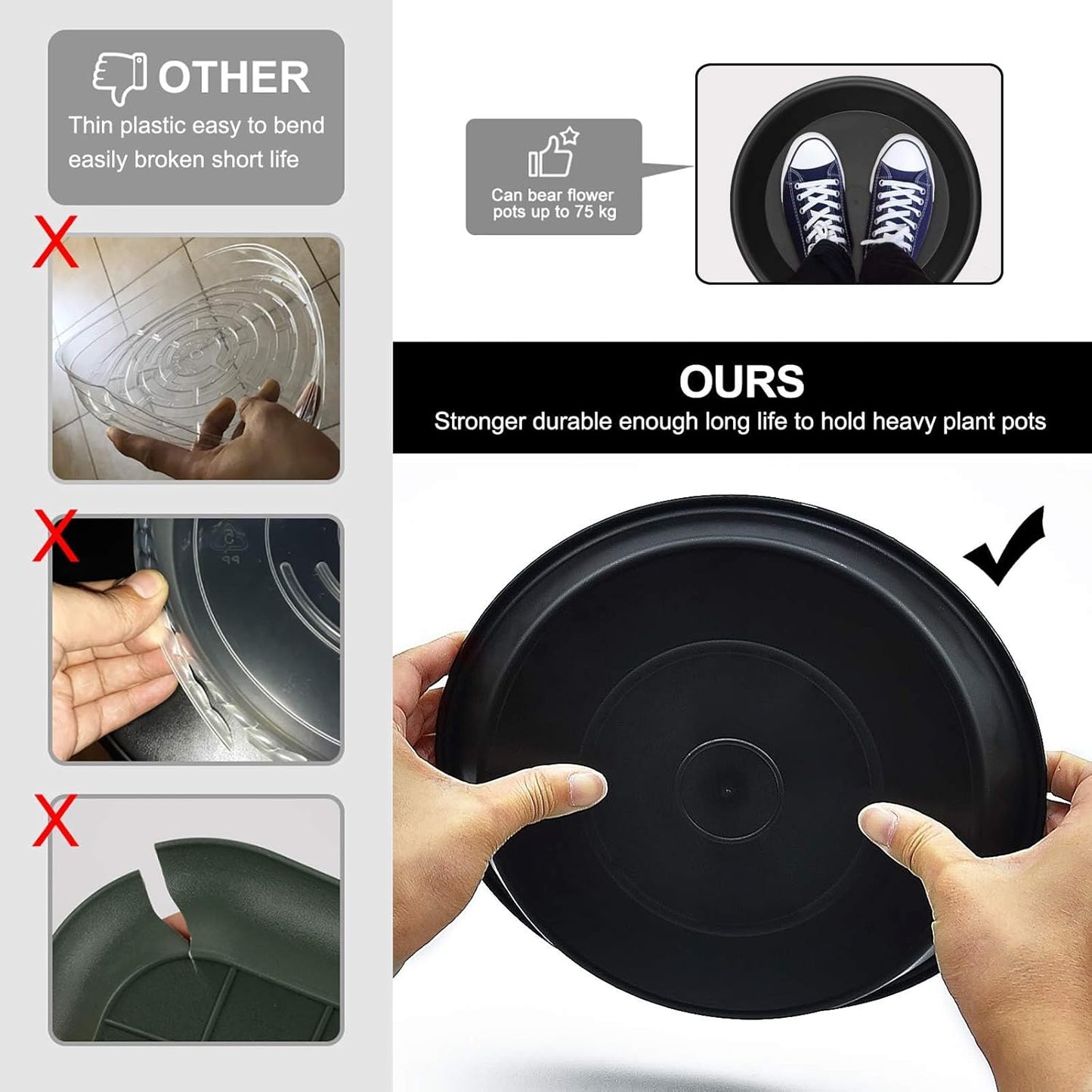 3 Pack Plant Saucer Heavy Duty Sturdy Drip Trays for Indoor and Outdoor (12 Inch, Black)