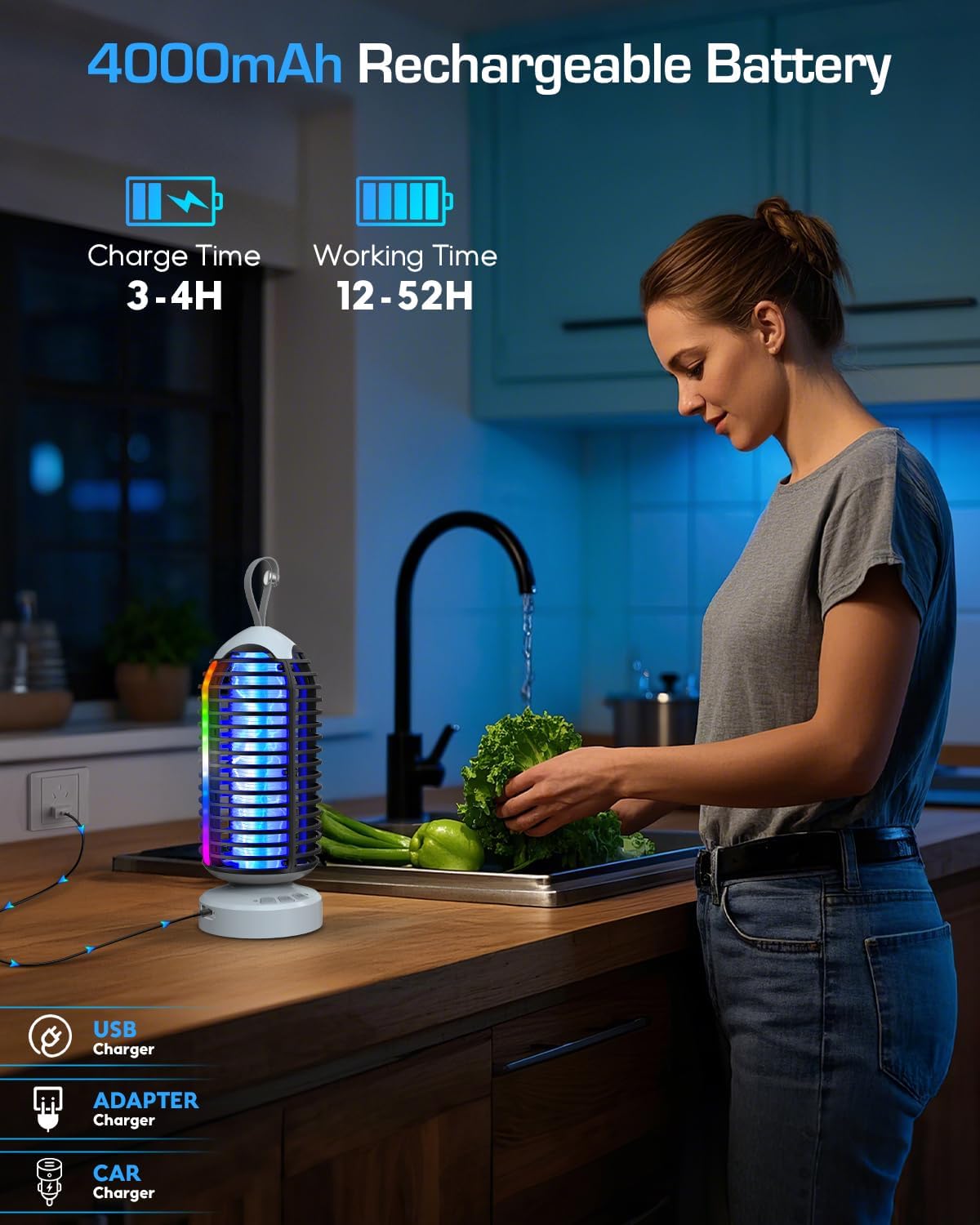 (2 Pack) Bug Zapper Outdoor with Marquee Light, Cordless Mosquito Zapper, 4000mAh Rechargeable Bug Zapper Indoor, Auto On/Off Waterproof Mosquito Trap Fly Zapper for Patio Backyard Kitchen Camping