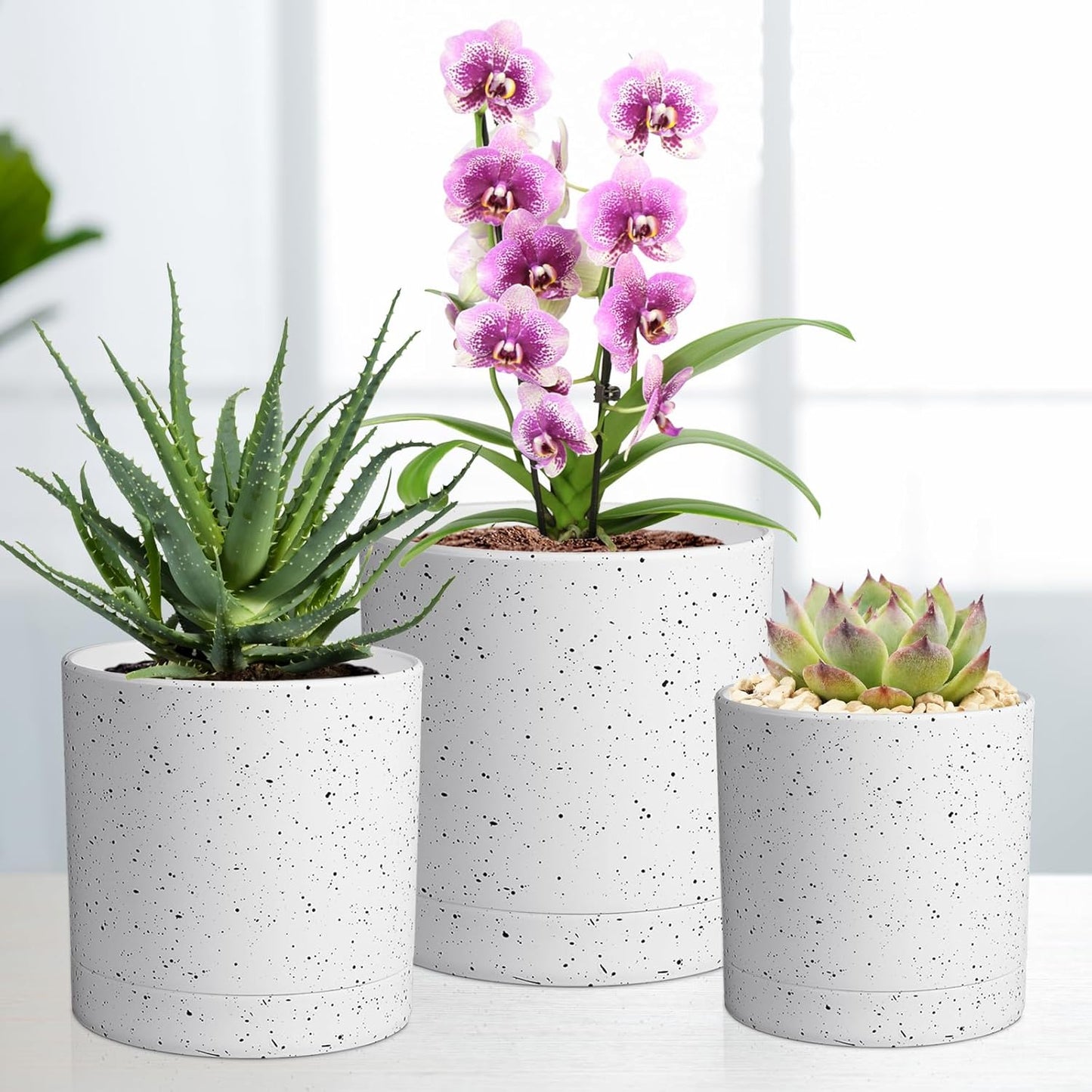 6/5/4 inch Plant Pots, 3 Pack Cylinder Flower Pots for Small Indoor Outdoor Plants, Plastic Planters with Drainage Holes and Saucers for Garden Succulent House Plants, Speckled White