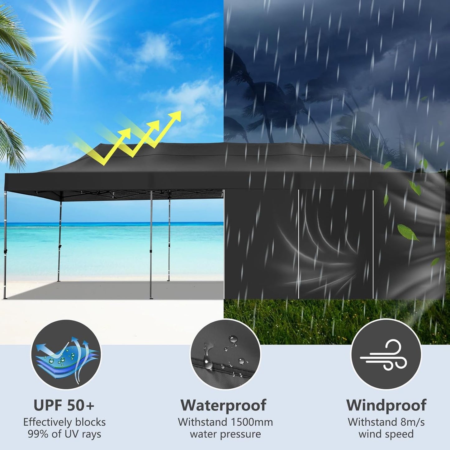 COBIZI 10x30 Pop up Canopy Heavy Duty with 8 Sidewalls, Easy Set-up Commercial Outdoor Party, 100% Waterproof Wedding Canopy Gazebo, 3 Height Adjustable with Wheeled Bag, Black