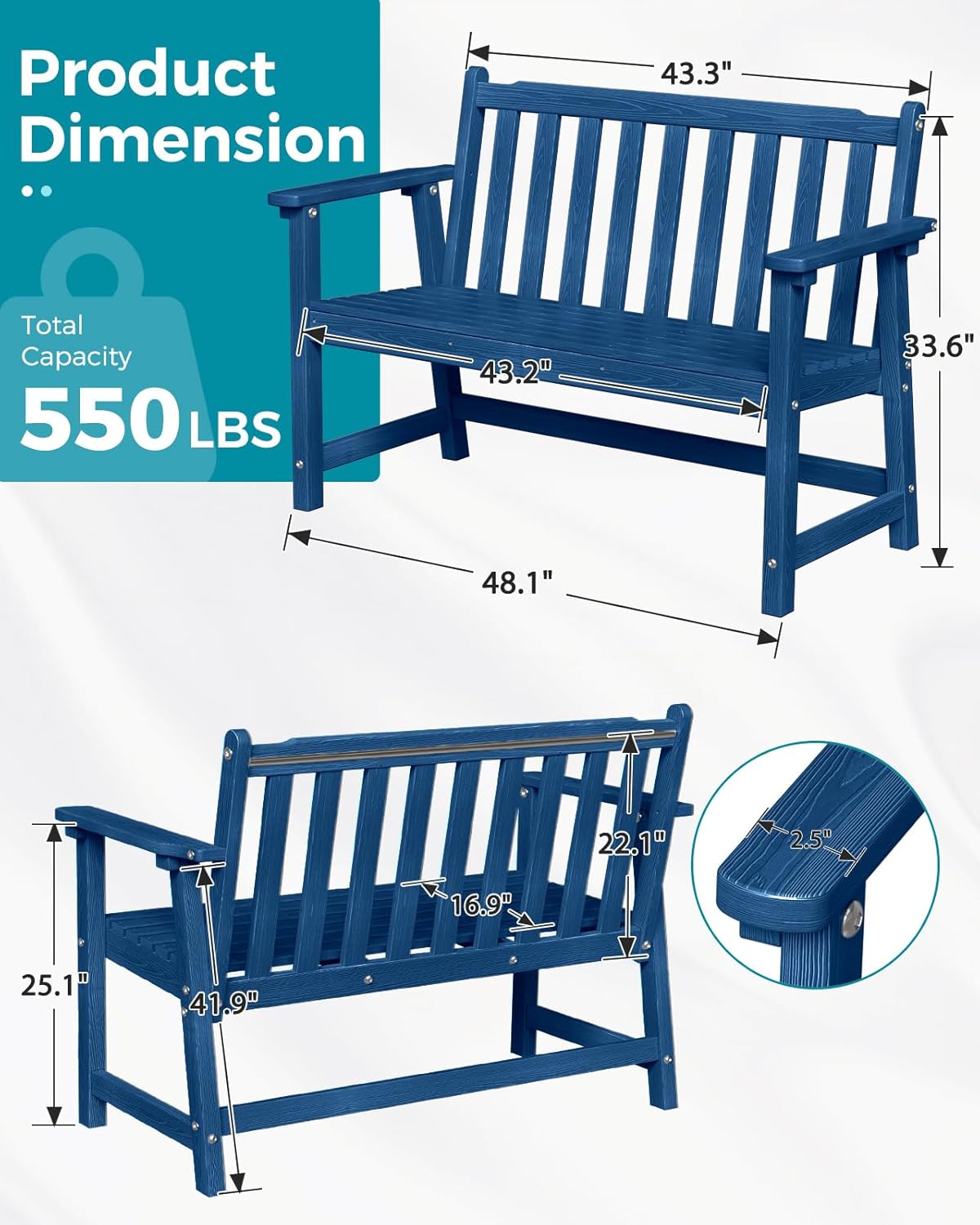Outdoor Bench, 2-Person HDPE Garden Bench, All Weather Poly Patio Bench for Outdoors, Garden, Backyard, Porch and Park, 550 lbs Weight Capacity, Navy Blue