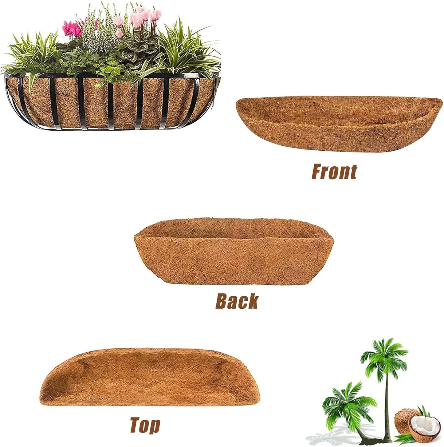 2-Pack Coconut Liners for Planters 30 inch, Half-Moon Shape Window Box Liners Coconut Planter Liners Replacement, Trough Coco Liners for Planters Flower Baskets