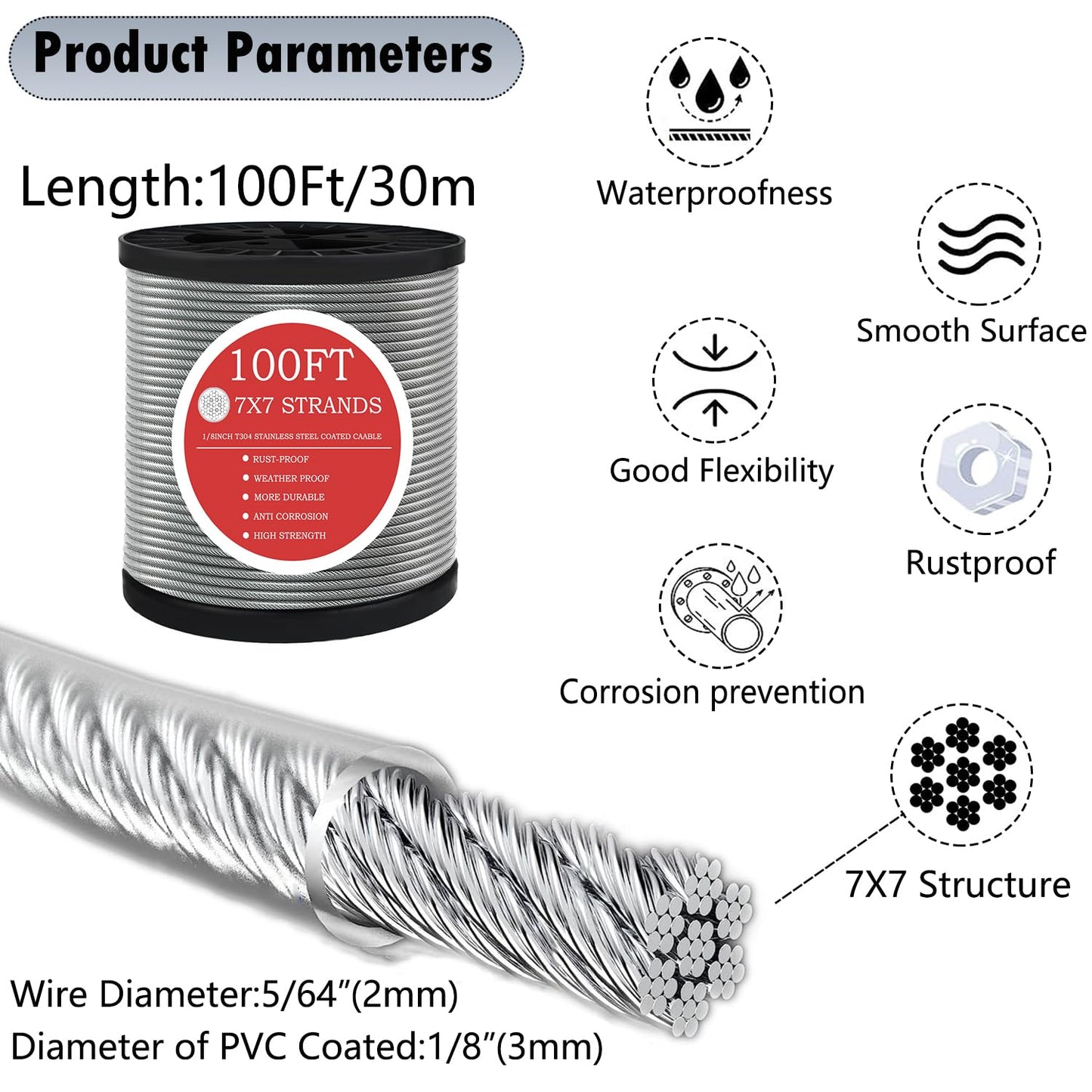 1/8" Wire Rope,100FT 304 Stinless Steel Cable with M5 Turnbuckle-Gardening,Aircraft,Picture Hanging, Clothesline Wire