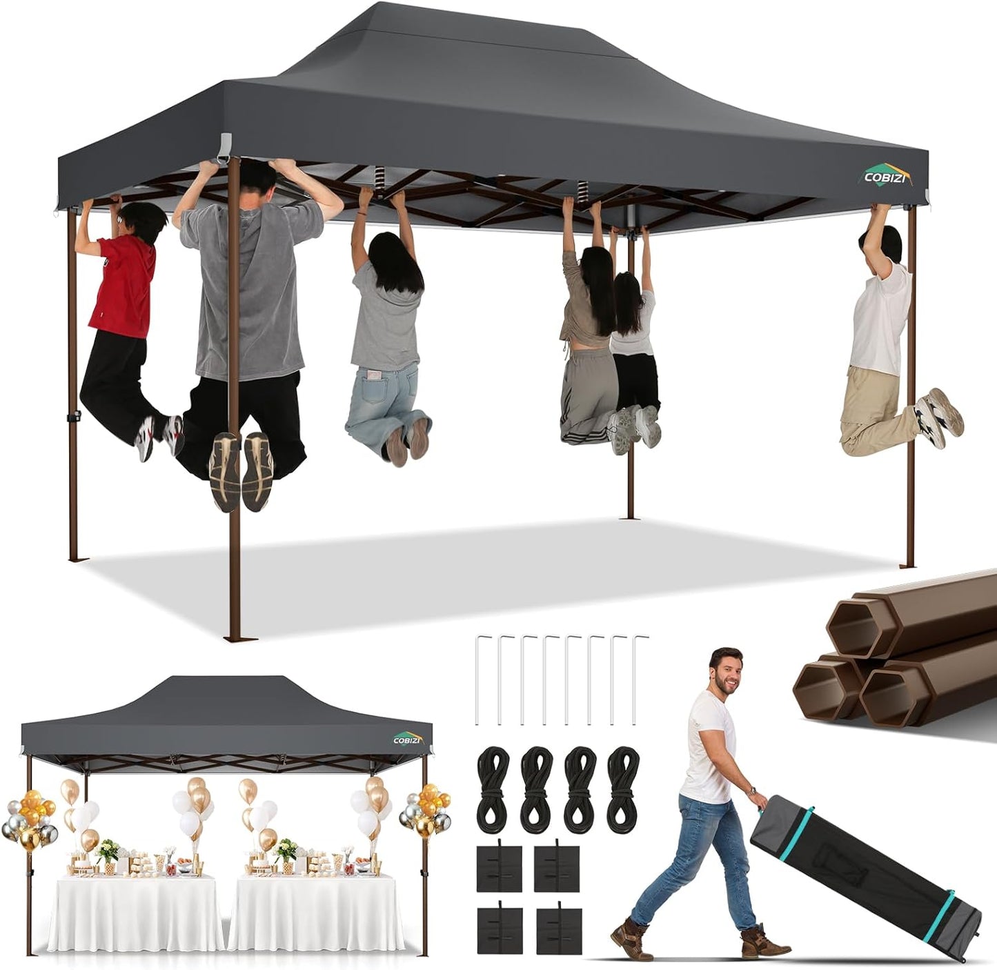 COBIZI 10x15 Pop Up Canopy Tent Heavy Duty Without Sidewall, Commercial Outdoor Easy Pop Up Gazebo for Party Wedding All Weather Waterproof UV 50+ with Roller Bag(Leg Upgraded),Gray