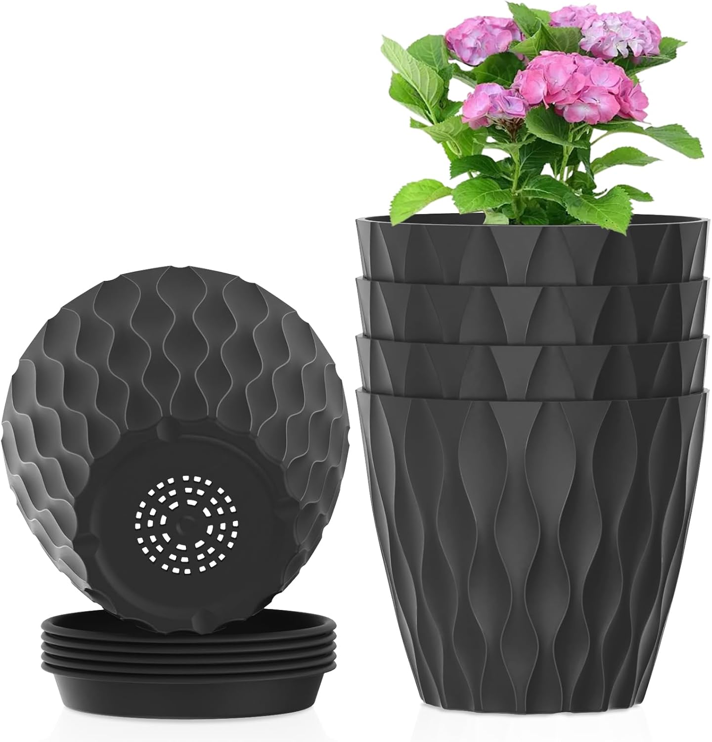 6 inch Plant Pots, 5 Pack Flower Pots for Indoor Outdoor Plants, Water Ripples Plastic Planters with Drainage Holes and Saucers, Nursery Pots for Small Succulent Garden House Plants, Black