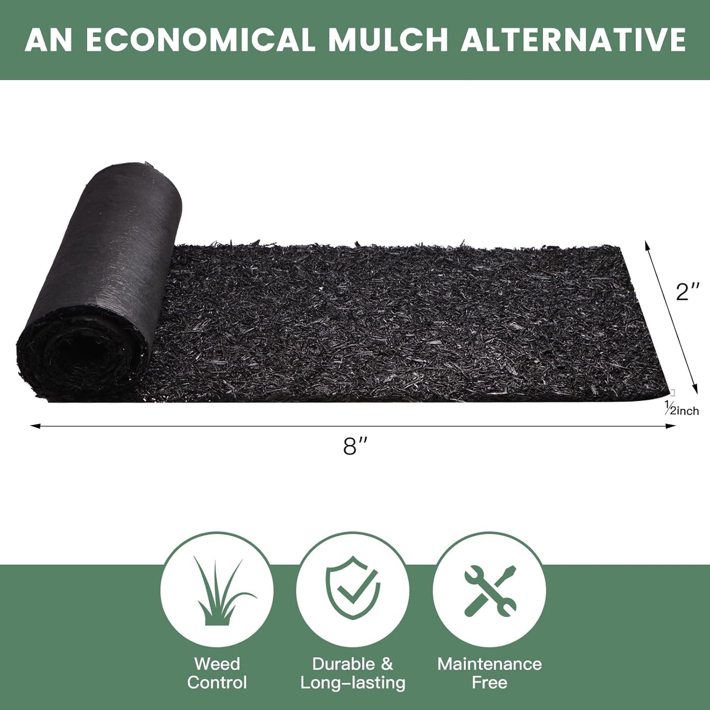 2 Pack Rubber Mulch Roll Mat for Landscaping Recycled Rubber Walkway Black Permanent Mulch Pathway Playground 8' x 2'