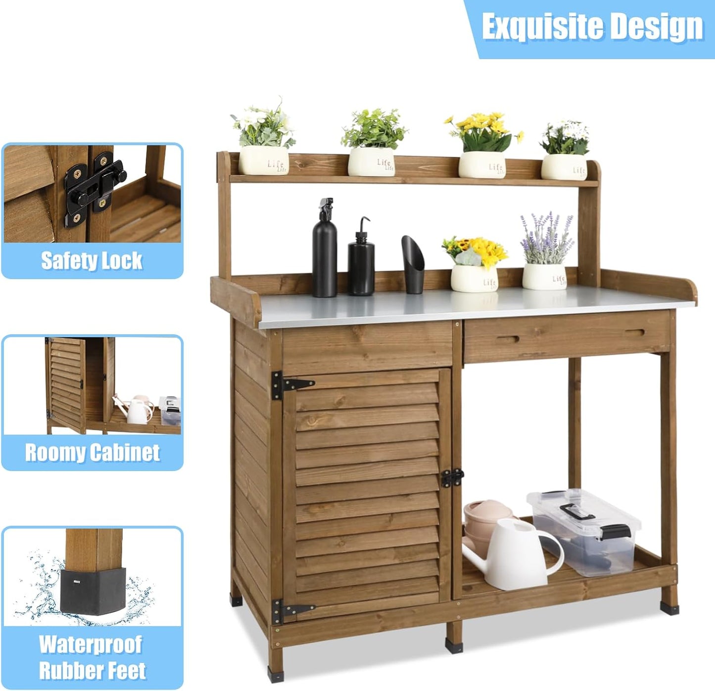 Outdoor Garden Potting Bench Table, 41" L Wooden Potting Table Work Bench for Horticulture, Waterproof Workstation Table with Metal Tabletop/Cabinet/Drawer/Open Shelf (Brown)