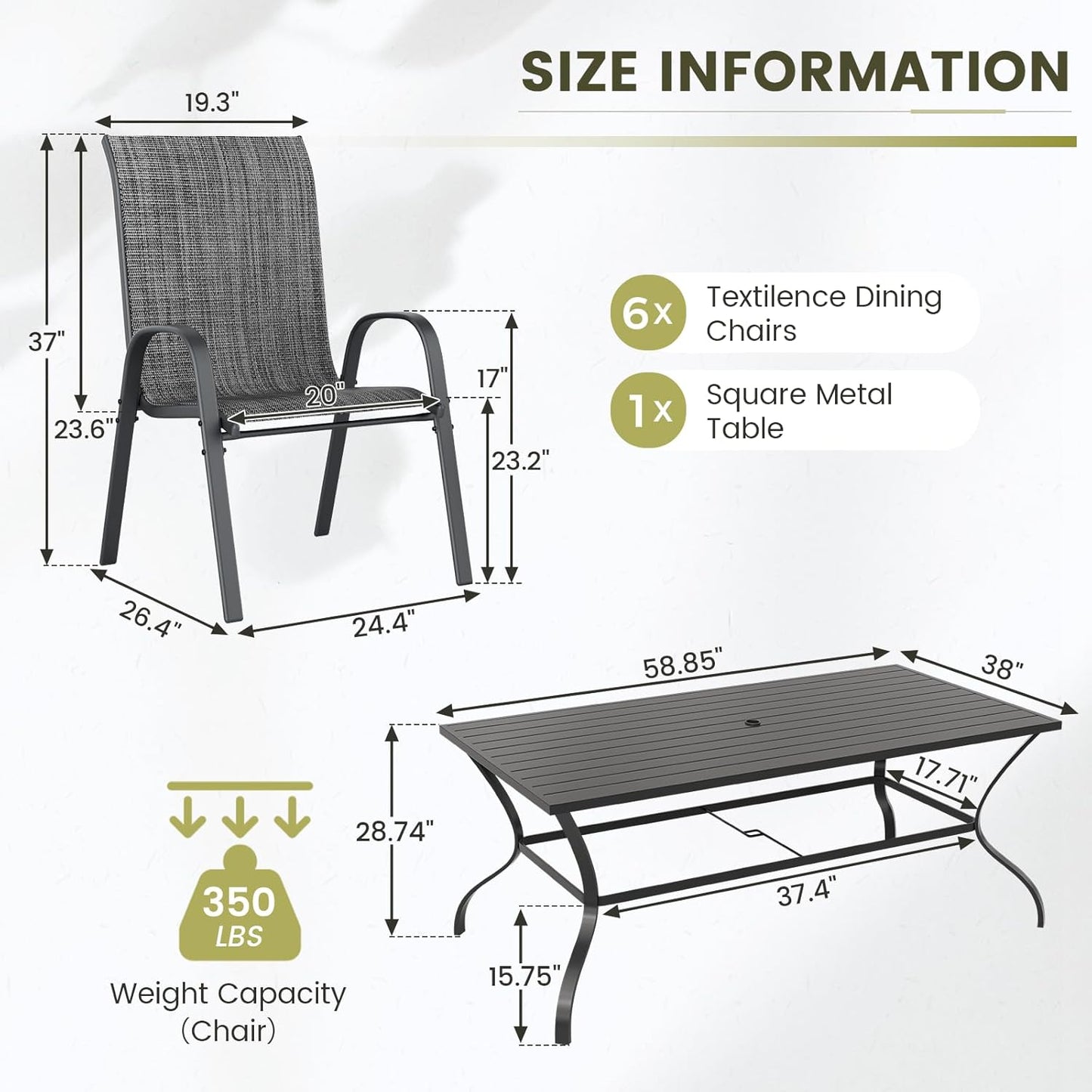UDPATIO Patio Dining Set of 7, Outdoor Table and Chairs Set with Square Metal Table, 6 Stackable Patio Chairs with High Back, Outdoor Furniture for Deck Garden Backyard Lawn Poolside (Dark Grey)