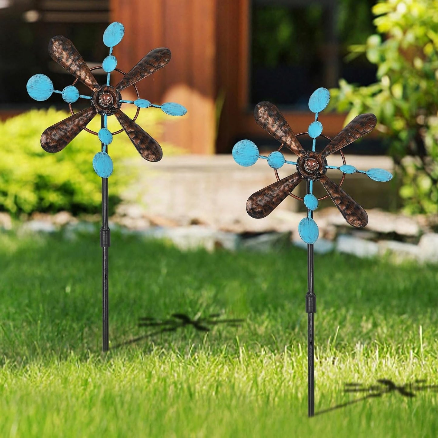 3 Pack Wind Spinners with Metal Stake, 16.3 Inches Yard Garden Sculptures for Outdoor Spring Decoration Lawn Patio Wind Catcher Windmill (Blue spot)