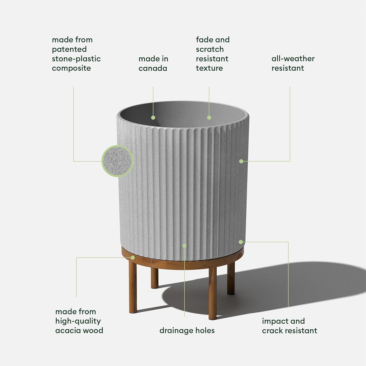 Veradek Demi Series Round Planter w/ Stand for Porch/Patio | Durable Plastic-Concrete & Wooden Stand | Modern Décor for Tall Plants, Flowers