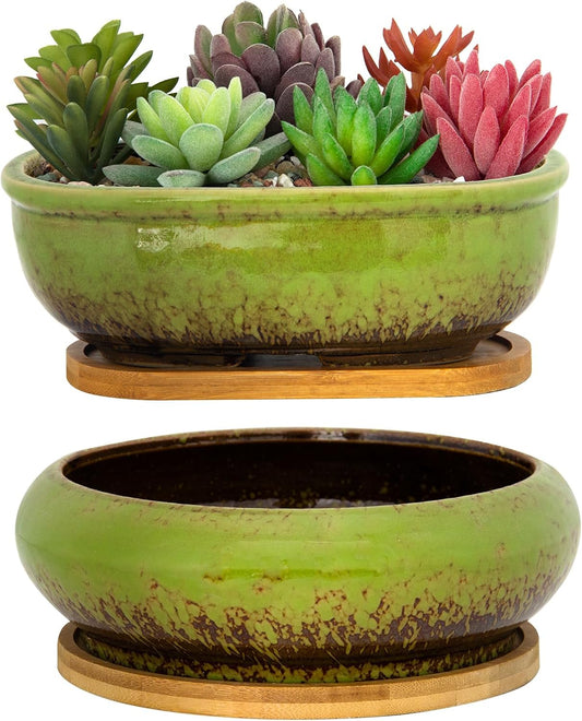 ARTKETTY Succulent Pots, 1 Rectangle Planter + 1 Ceramic Bonsai Pot with Drain Tray, 2 Pack Large Shallow Succulent Planters for Indoor Plants, Round Cactus Flower Plant Pot for Desk Windowsill Decor