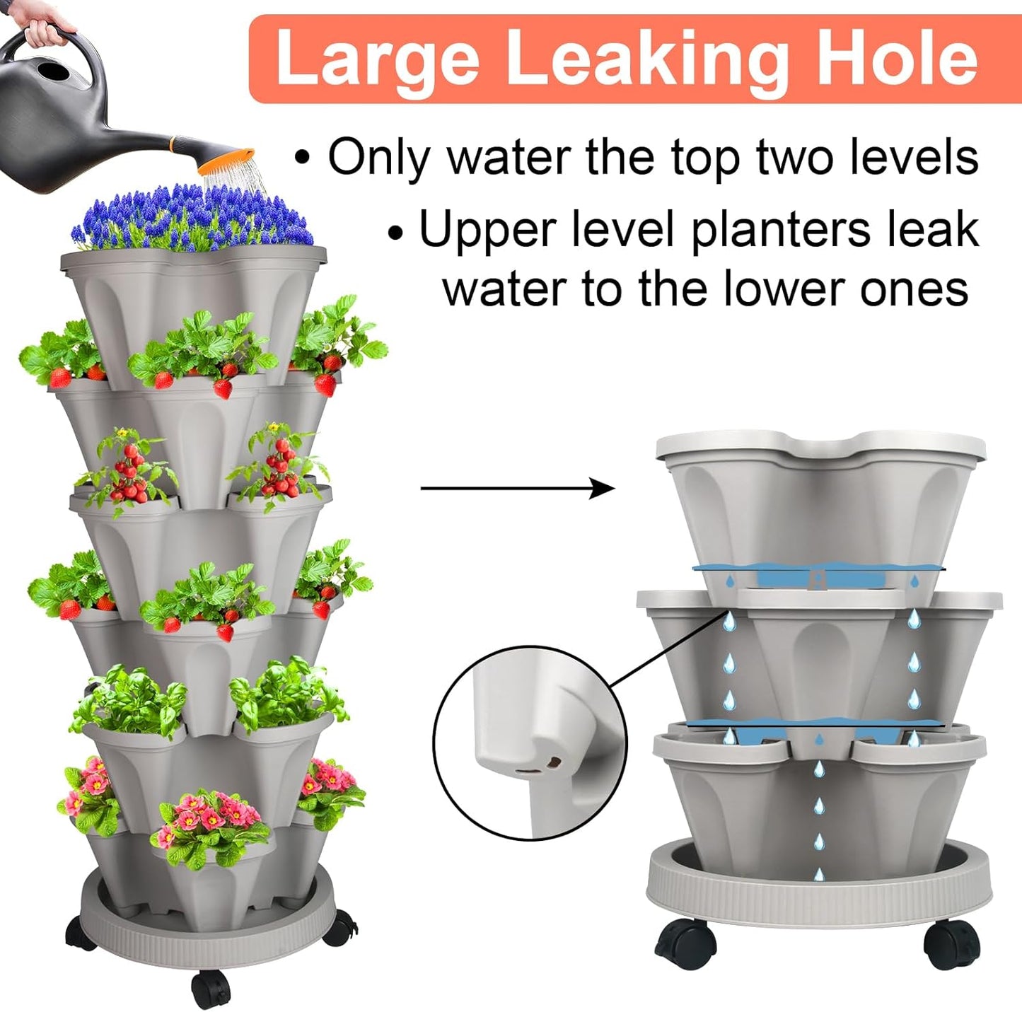 Vertical Planter 6 Tier Stackable Planters Garden Planters Strawberry Herb Flower and Vegetable Planter Indoor Outdoor Gardening Pots with Removable Wheels and Tools 2-Pack