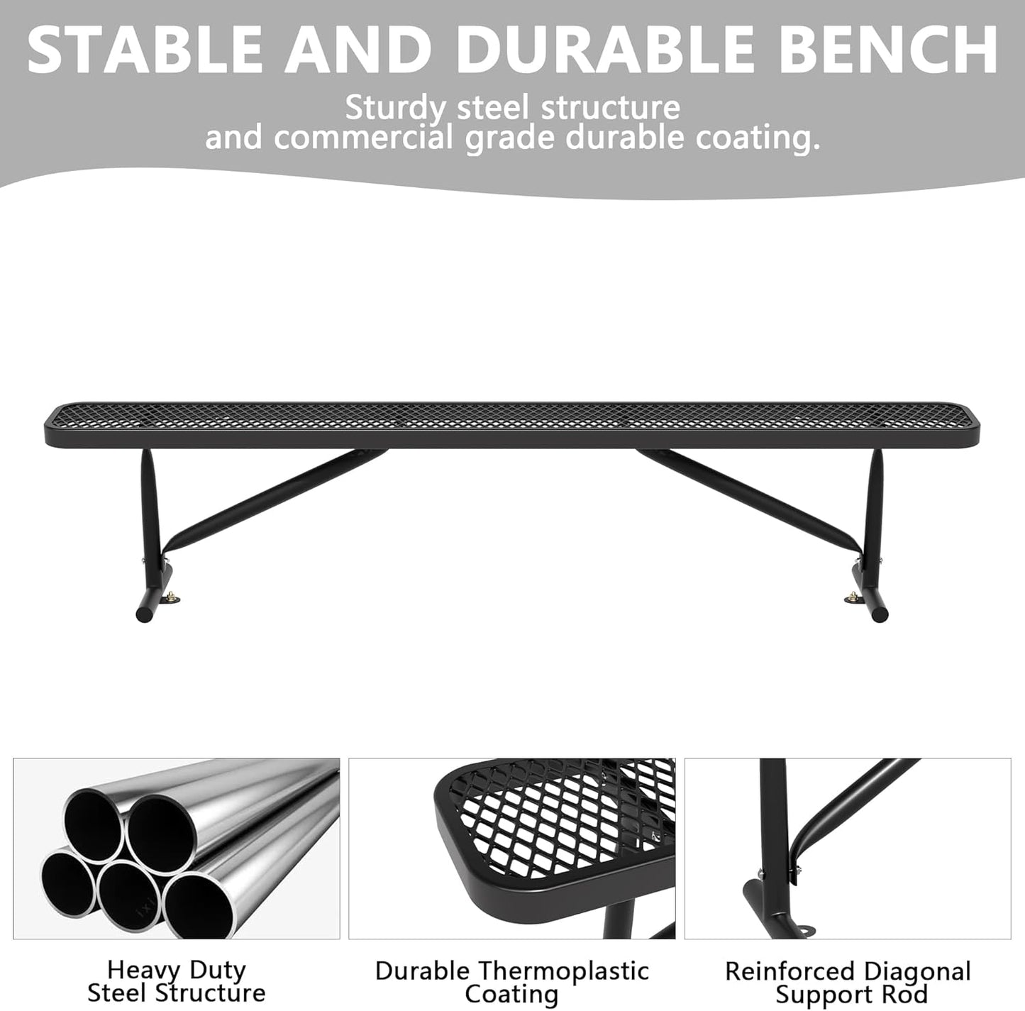 8 Feet Heavy Duty Metal Park Bench for Outside, Outdoor Bench with Portable Frame, Commercial Benches for Shopping Mall, Store, Park, Patio, Deck, Black