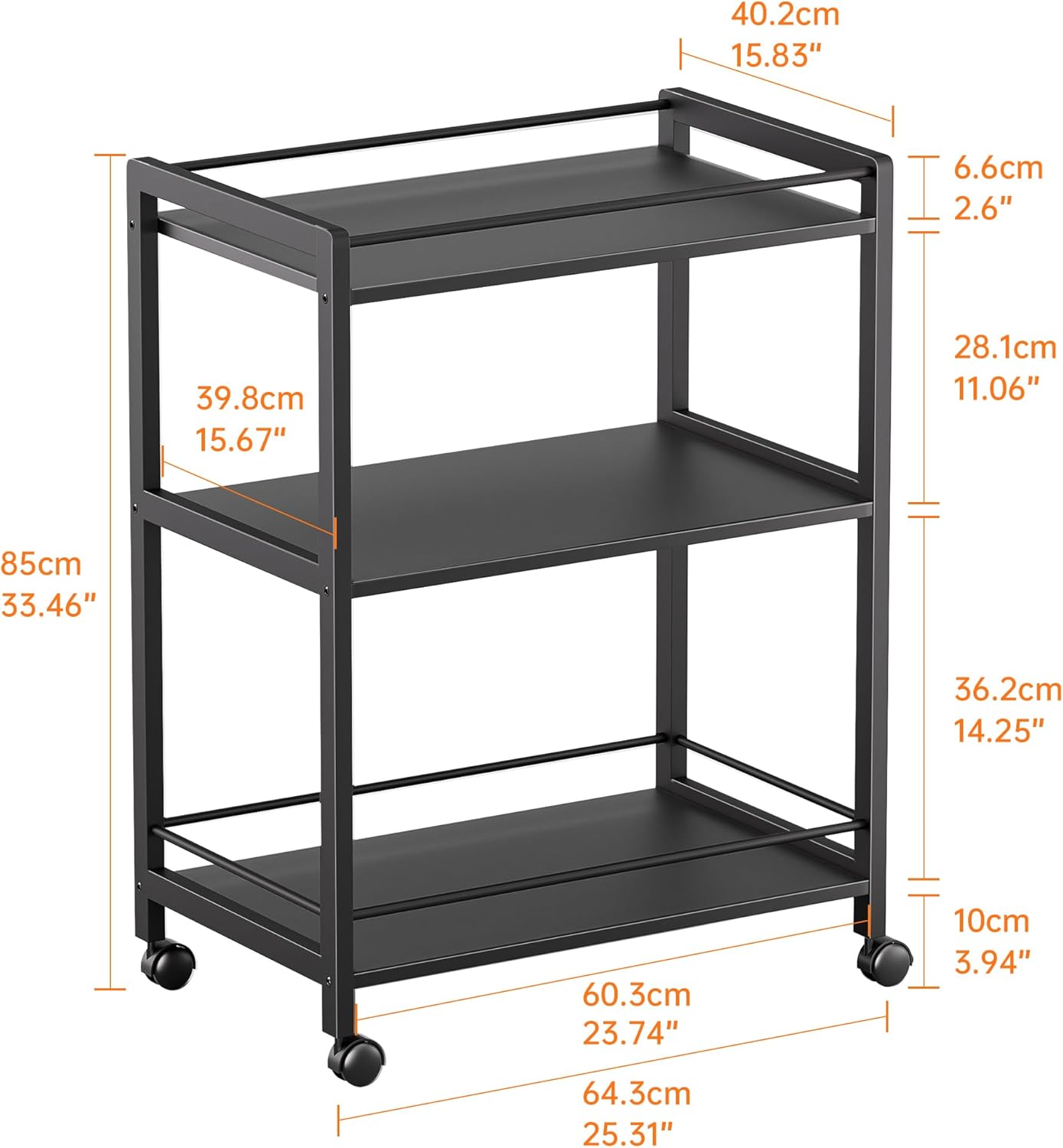 HITNET Bar Cart Black, Serving Cart for Home, 3 Tier Drinks Cart with Wheels, Rolling Beverage Cart for Kitchen Dining Living Room