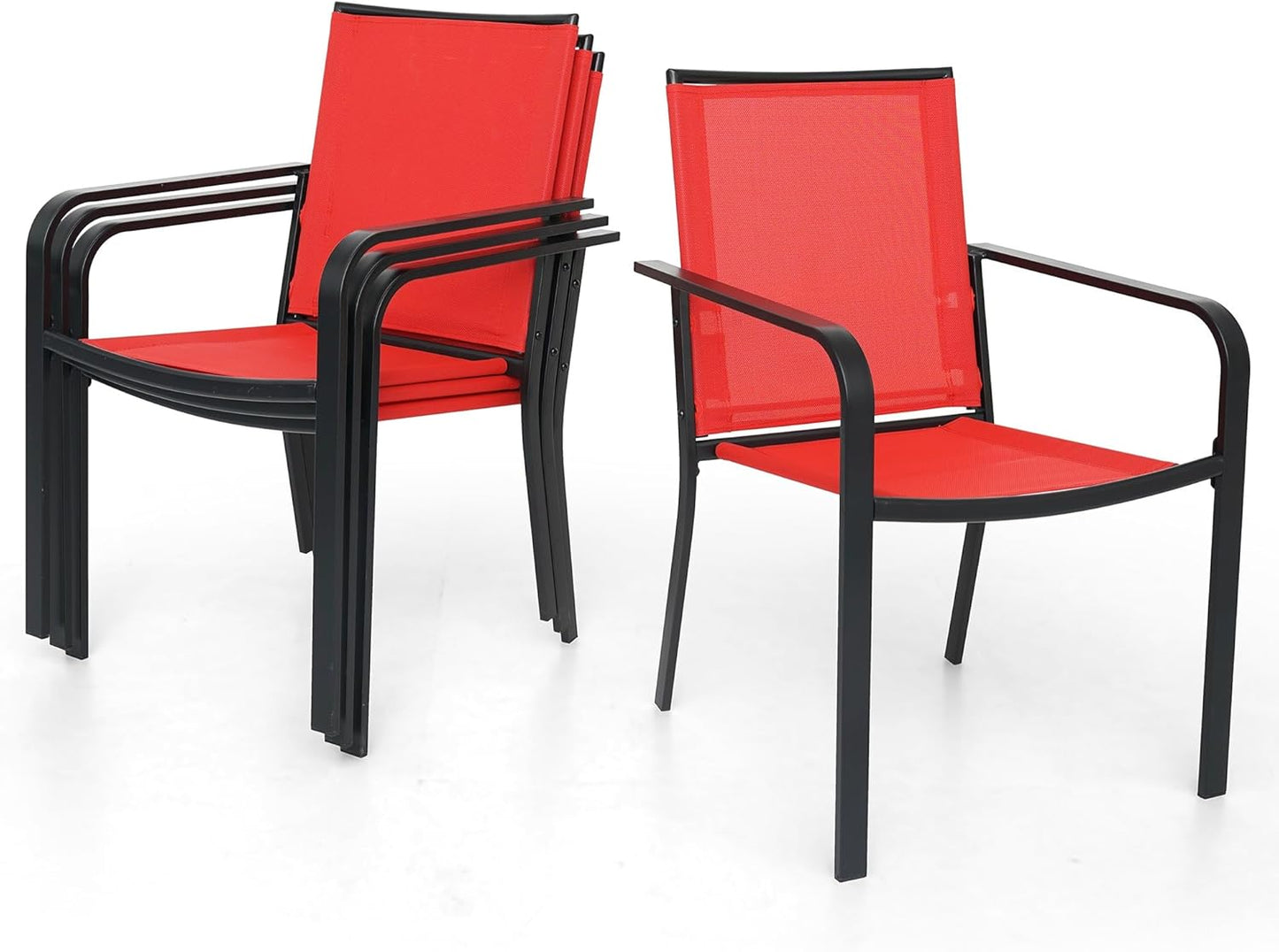 Anumutig 5-Piece Patio Dining Set, 35-Inch Square Table with 4 Stackable Chairs, Black Frame with Red Mesh, Outdoor Furniture