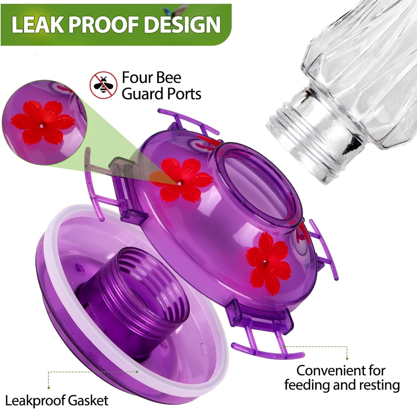 Hummingbird Feeders for Outdoors Hanging, BOLITE Glass Hummingbird Feeder, 4 Bee Guard Feeding Ports, Built-in Ant Moat, Leak Proof, 15 Ounces, Stars Decor, Purple, 2 Pack, Gifts for Women Men