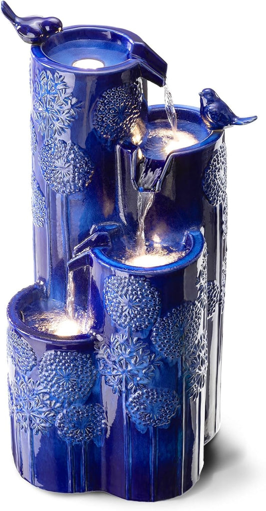 Glitzhome 32" H Outdoor Water Fountain with LED Lights and Pump, 4 Tier Ceramic Cobalt Blue Dandelion Texture Outdoor Fountains and Waterfalls with Cute Birds, for Porch Deck Garden Patio Backyard
