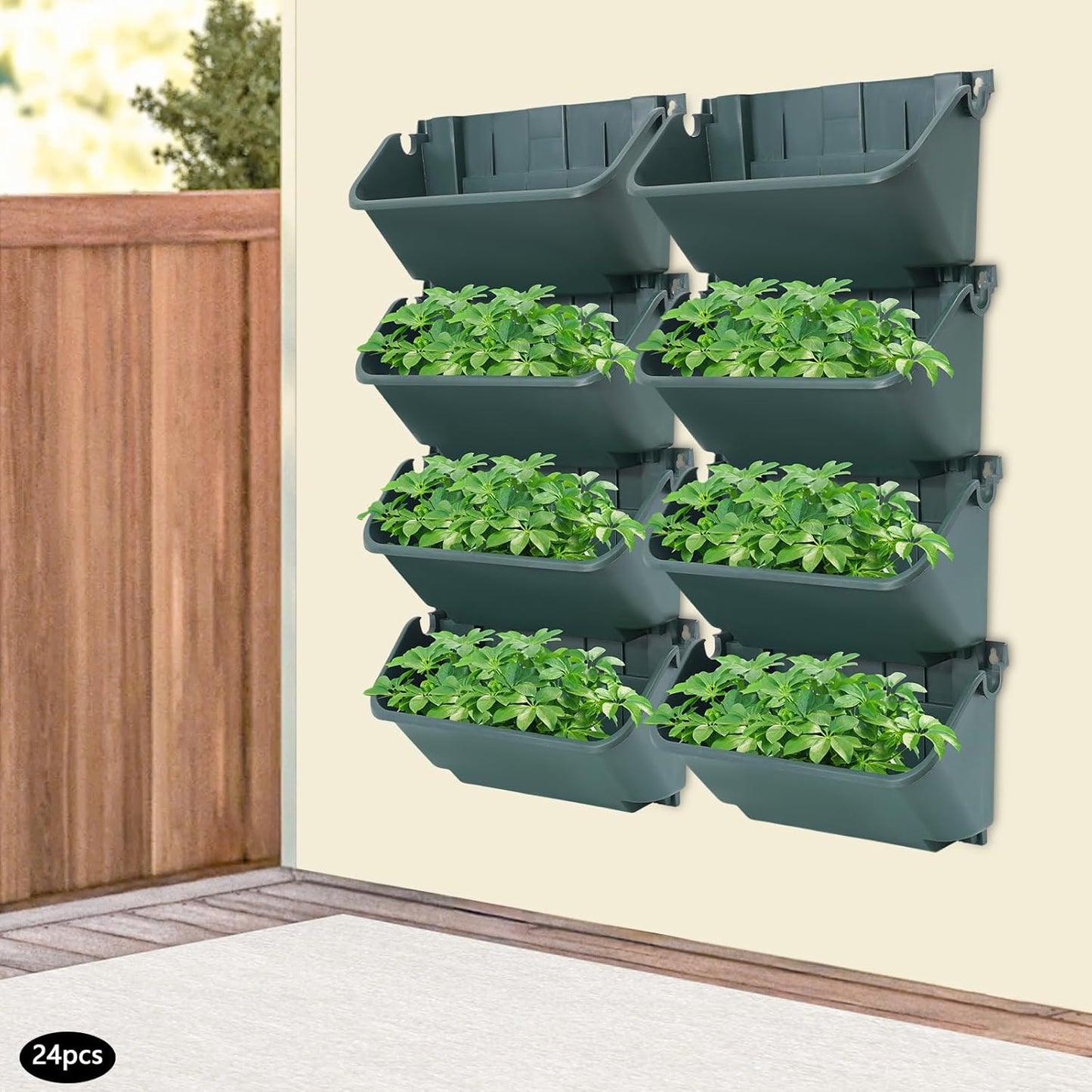 24-Pot Vertical Wall Planter, Self-Watering Stackable Planters for Indoor & Outdoor Use, Perfect for Herbs, Flowers & Vegetables (24, Green)