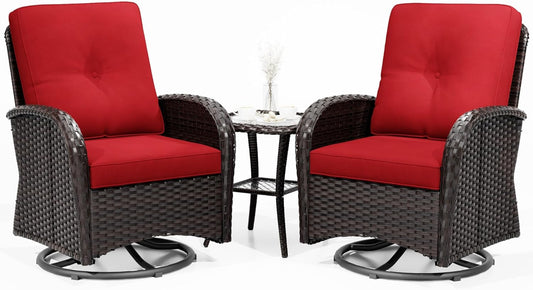 Joyside Outdoor Swivel Rocker Chairs, 3 Piece Wicker Patio Set with Thick Cushion and Side Table, Rattan Patio Swivel Rocking Chairs for Porch, Deck Use (Brown/Red, 3 PCS)
