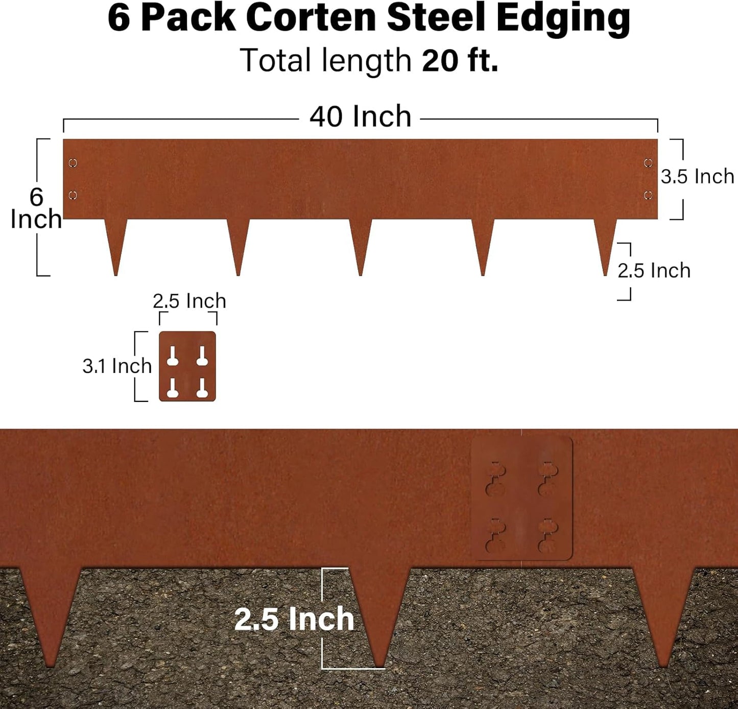 Cor Ten Steel Landscape Edging 6" H x 40" L, 6 Pack Heavy Duty Metal Garden Edging, 20Ft Pre-Rustyed Steel Edging, Bendable Metal Edging for Landscaping, Yard, Tree, Flower Bed