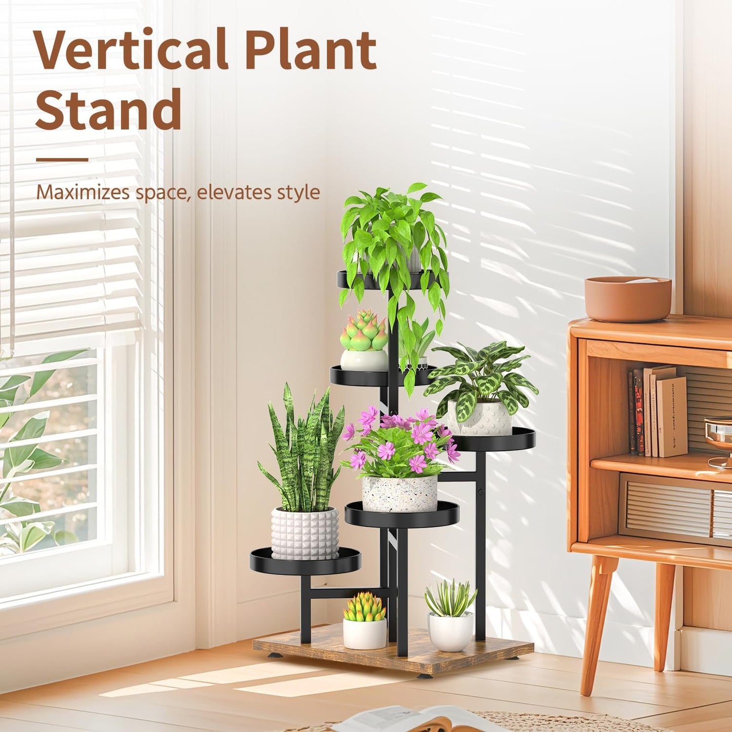 LASZOLA 6 Tier Black Plant Stand Indoor for Large Tall Heavy Duty Planter, Modern Mid Century Metal and Wooden Rack for Narrow House Bathroom Corner Floor, Vertical Spiral Orchid Organizer, Cat Proof