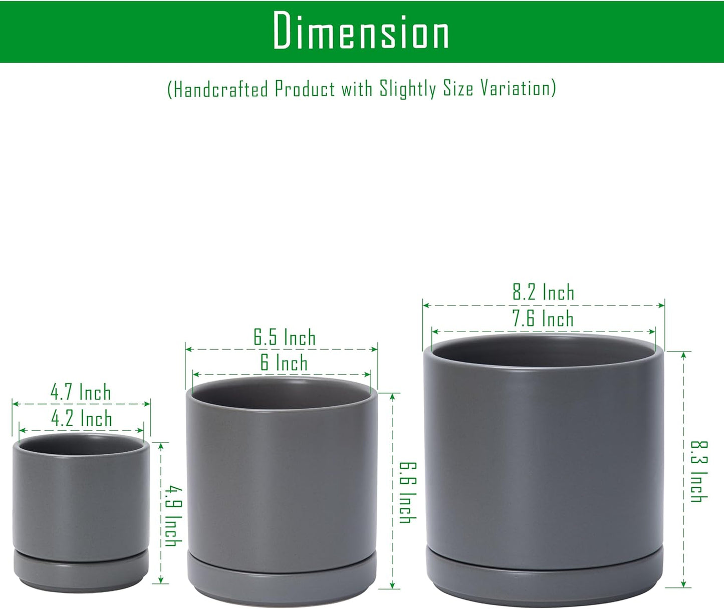 D'vine Dev 4 Inch & 6 Inch & 8 Inch, Set of 3 Round Ceramic Planter Pot with Drainage Hole and Saucer, Grey, 94-T-M-3