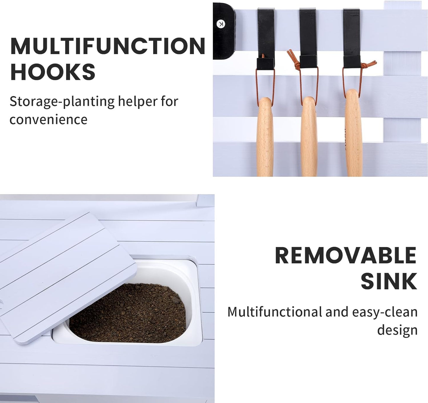 Potting Bench Outdoor Potting Table—All-Weather Kids Solid Wood Garden Work Station with Sink、Hooks、3Flower Pots, Weather Proof（Blue, Large）