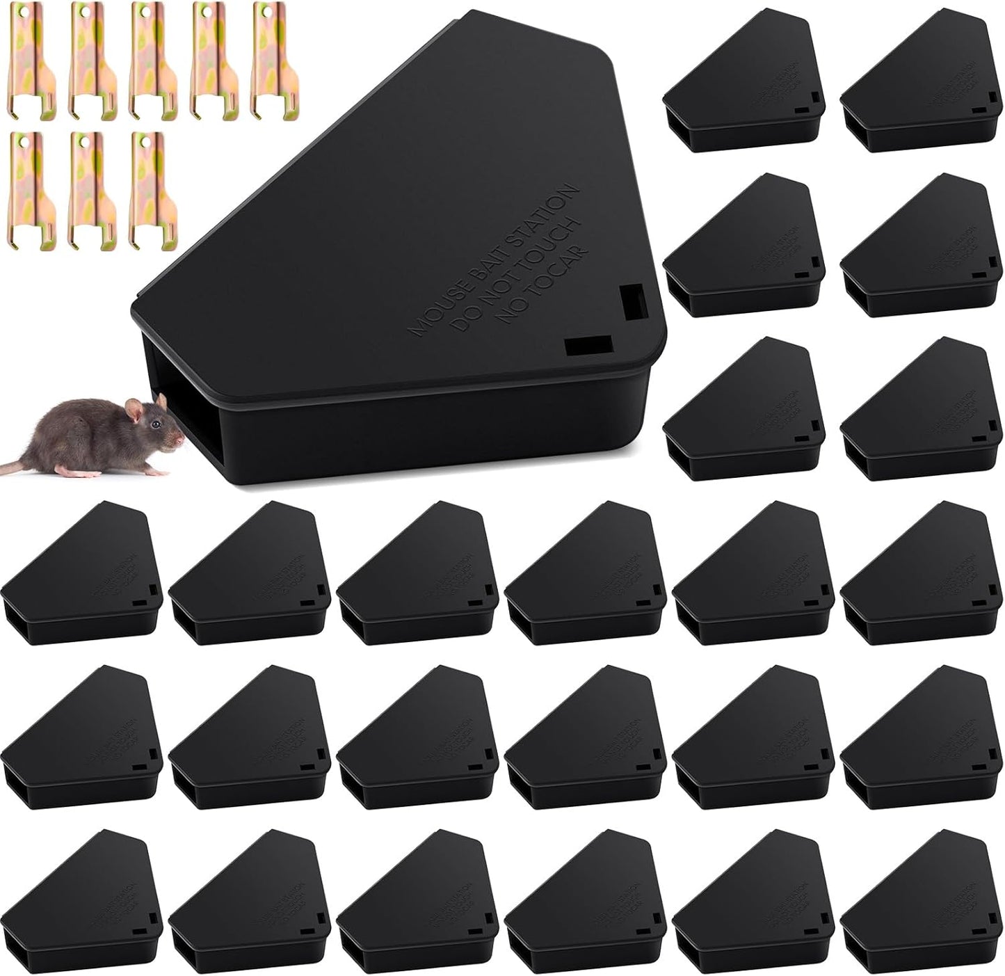 Qualirey 24 Pcs Mice Station with Key Triangle Bait Station Reusable Rodent Trap Bait Box, Keeps Children and Pets Safe Indoor & Outdoor, Bait Not Included, Suitable for Small Mice (Black)