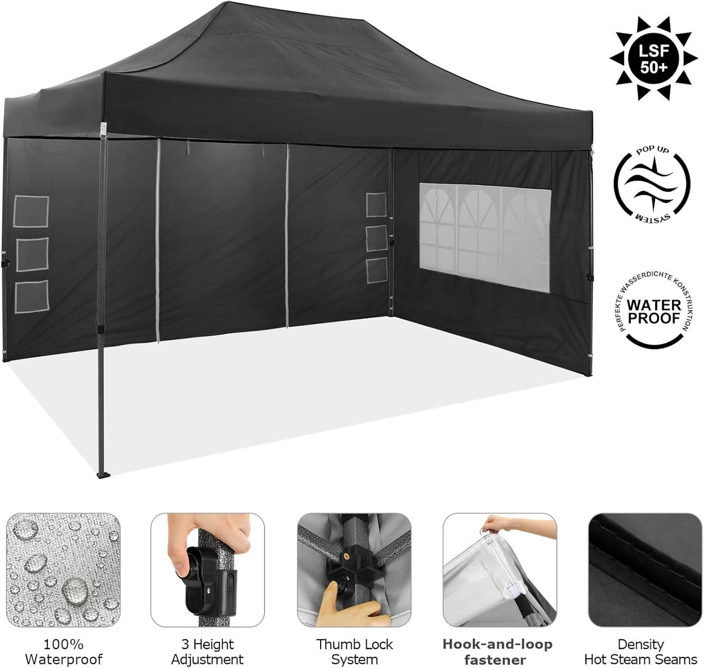 COBIZI 10x15 Pop Up Canopy with 4 Sidewall,Heavy Duty Canopy UPF 50+ All Season Wind Waterproof Commercial Outdoor Wedding Party Tents for Parties Gazebo with Carry Bag(10 x 15 ft Black)