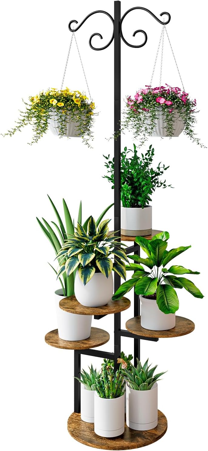 Plant Stand Indoor 5 Tier 8 Potted with hook hanging basket Multiple Flower Pot Holder for Patio Garden Balcony Living Room Corner (5 Tier with hook Black+Rustic Brown)