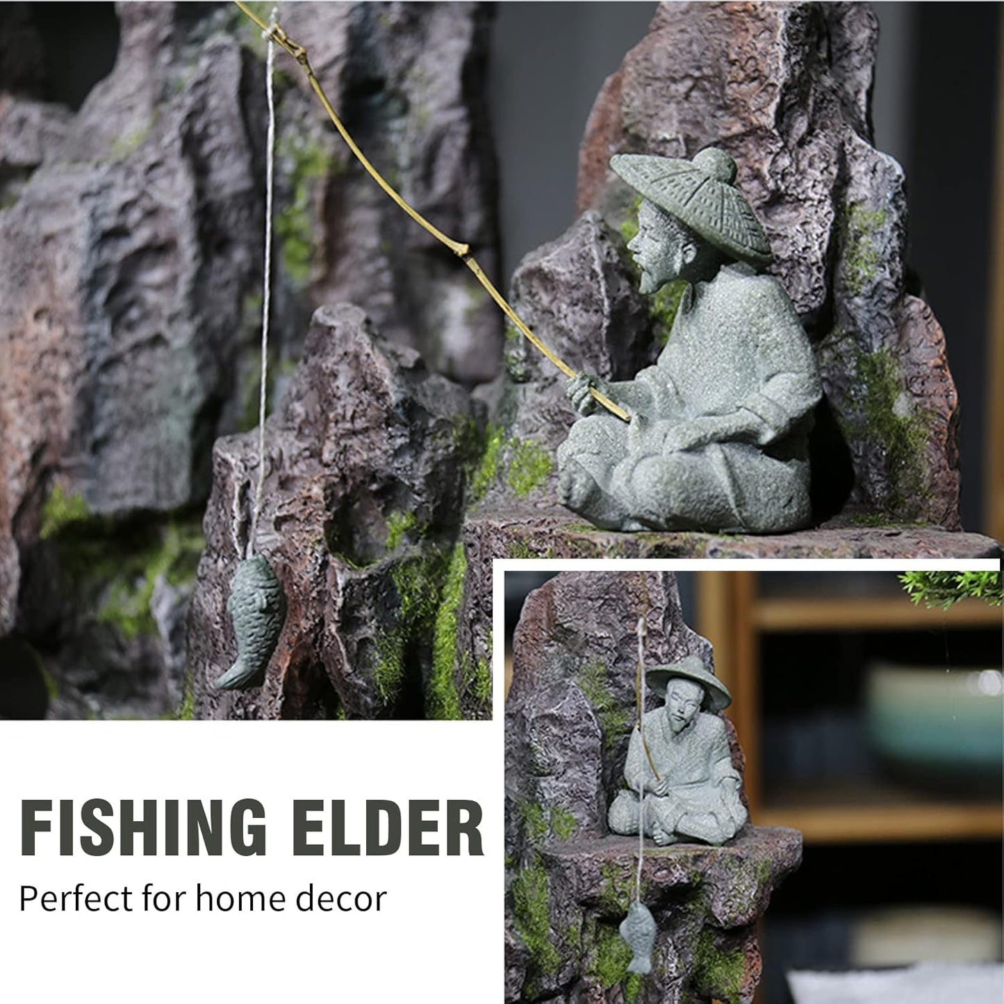 2PCS Mini Sitting Fishing Figurines Sandstone Vintage Ornament Japanese Decor for Fish Tank Pot Garden Home Aquarium Mini Fisherman Statue Asian Zen Decorations